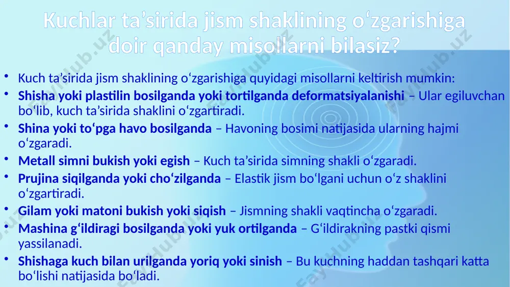 a ta’sir qiluvchi arximed kuchi bir xil bo‘ladi. arximed qonuni fa=psuvvg bu yerda ρ(suv) – suv zichligi, v – suyuqlikka botgan qismi hajmi, g – erkin tushish tezlanishi. natijaviy kuch farqi (botish yoki suzish): yog‘ochning zichligi suv zichligidan kam bo‘lgani uchun u suvda suzadi. temirning zichligi suv zichligidan katta bo‘lgani uchun u cho‘kadi. natijaviy kuch: yog‘och shar: arximed kuchi og‘irlik kuchidan katta → suzadi. temir shar: og‘irlik kuchi arximed kuchidan katta → cho‘kadi. xulosa: ikkala sharga bir xil arximed kuchi ta’sir qiladi. temir sharga ta’sir qiluvchi og‘irlik kuchi yog‘och sharga nisbatan kattaroq bo‘lib, u suv tubiga cho‘kadi. yog‘och sharning og‘irlik kuchi kamroq bo‘lgani uchun arximed kuchi uni suv yuzasida ushlab turadi. 2 ta stakanda bir hil xajmda suv bor. 1-chisiga yogoch shar, ikkinchisiga temir shar solindi. ikkala sharga ta’sir qiluvchi kuchlarning farqi nimada? og‘zi berk va ichi bo‘sh plastmassa idish suvga tushirilganda u suv sirtida suzadi. idishga ozroq suv solib, …