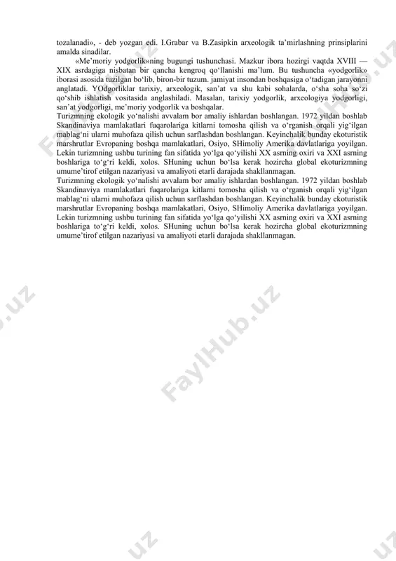 obga olsak, me’moriy yodgorliklarni o‘rganish ba’zida arxeologiya yodgorliklarini tadqiq etish bilan chambarchas bog‘liqligini ko‘ramiz. bularning har ikkalasi ham ilmiy- tarixiv ahamiyat kasb etib. bugungi va kelajak me’morchilik taraqqiyoti uchun katta amaliy manba hisoblanadi. shuning uchun me’moriy yodgorliklar boshqa madaniy yodgorliklar qatori qo‘riqlanishi lozim. rossiyada ta’mirlash uslublarining to‘la shakllanishi xx asrning birinchi o‘n yilligiga to‘g‘ri keldi. o‘sha yillari p.pokrishkin novgorod shahridagi nereditsa cherkovini ta’mirladi. ta’mir juda katta ehtiyotkorlik bilan o‘tkazildi. qo‘shimchalar minimal holga keltirildi. pokrishkiln cherkovdagi keyingi shalg‘ami gumbazini qoldirdi. xatoga ham yo‘l qo‘yildi. tashqi suvoqda portlandsemend ishlatildi. sementning bug‘ o‘tkazmasligi xususiyati tufayli ichkaridagi freskalarga putur etkazildi. xatoni pokrishkinning o‘zi tezda tuzatdi. n.rerix va i.grabar pokrishkinning ta’mir ishlaridagi katta mohirlikni qayd etgani holda umuman bu cherkovni ta’mirlash zarurligiga gumon bildirishdi. i.grabar obidaning nimadir noma’lum, lekin muhim jihati ta’mirlashdan keyin yo‘qolganini qayd etdi. sobiq sho‘rolar davridagi dastlabki ta’mir ishlari inqilob janglari natijasida kreml obidalariga etkazilgan shikastlarni bartaraf etishdan iborat edi. 20-yillarda ta’mir …