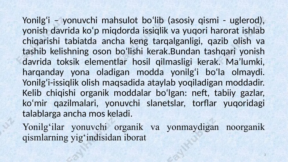 detallari sirtida zanglash (korroziya)hosil qiladi. qattiq yoqilg‘ilarda uning miqdori ko‘proq (8% gacha), suyuq yonilg‘i, xususan neftlarda 0,1...4 % gacha. a-kul- yonishda ishtirok etmaydigan zararli qoldiq moddalar. uning orasida qum zarralari bo‘lsa detallarning ishqalanuvchi sirtlarida mexanik yeyilishni keskin ko‘paytiradi; w-namlik-mayda suv tomchilari. yonilg‘i tarkibida iloji boricha kam bo‘lishi kerak. birinchidan, yonilg‘idagi yonuvchi elementlar massa ulushini kamaytiradi, ikkinchidan, tomchilarni bug‘lantirish issiqlik yutish bilan borganligi uchun chiqayotgan foydali issiqlik kamayadi. 8 yonilg‘ilar tarkibidagi oxirgi ikki tashkil etuvchilar, ya’ni kul va namlik zararli minerallar hisoblanadi. bu loyqa va namlikni ikki xil tabiati mavjud: tashqi va ichki minerallar. tashqi minerallar yonilg‘ini qazib olishda, tashishda, qayta ishlashda ifloslanishidan paydo bo‘ladi. ichki minerallar esa yonilg‘i tarkibida eritma, yoki, kimyoviy birikma holida bo‘ladi. yuqorida sanab o‘tilgan yonilg‘i tarkibidagi elementlarning foiz miqdorlari, amalda yonilg‘i sifati xaqida aniqroq ma’lumotlar beradi. shu sababli amalda yonilg‘i tarkibini bilishda quyidagi 5 xil tushunchalar mavjud: 1) yonilg‘i tarkibining quruq massasi; 2) ishchi massasi; 3) …