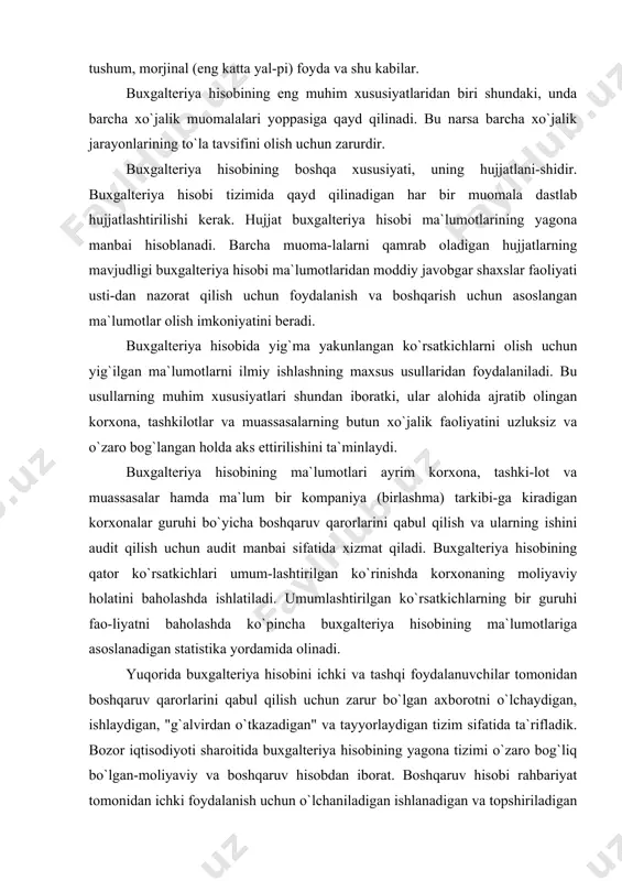 rning bir guruhi fao-liyatni baholashda ko`pincha buxgalteriya hisobining ma`lumotlariga asoslanadigan statistika yordamida olinadi. yuqorida buxgalteriya hisobini ichki va tashqi foydalanuvchilar tomonidan boshqaruv qarorlarini qabul qilish uchun zarur bo`lgan axborotni o`lchaydigan, ishlaydigan, "g`alvirdan o`tkazadigan" va tayyorlaydigan tizim sifatida ta`rifladik. bozor iqtisodiyoti sharoitida buxgalteriya hisobining yagona tizimi o`zaro bog`liq bo`lgan-moliyaviy va boshqaruv hisobdan iborat. boshqaruv hisobi rahbariyat tomonidan ichki foydalanish uchun o`lchaniladigan ishlanadigan va topshiriladigan hisob axborotining barcha turlarini o`z ichiga oladi. moliyaviy hisob rahbariyat tomonidan firma ichida ishlatiladigan axborotdan tashqari, tashkilotdan tashqaridagilarga xabar qilinadigan axborotdan iborat bo`ladi. xalq xo`jalik hisobining har bir turi-tezkor, statistika va buxgalteriya korxonalarni, hududlar va respublika boshqaruv jarayonida ma`lum rol o`ynaydi. hisobning o`zaro chambarchas bog`langan uchta turi xalq xo`jalik xisobining yagona tizimini tashkil kiladi. bu tizimning to`g`ri tuzilishi va doimiy rivojlantirilishi bozor iqgisodiyoti sharoitida muhim ahamiyat kasb etadi. xo`jalik hisobining predmeti – ishlab chiqarishni boshqarish uchun iste`molchilarga tez va obyektiv axborot yetkazib berishdir. uning ayrim turlari shu …