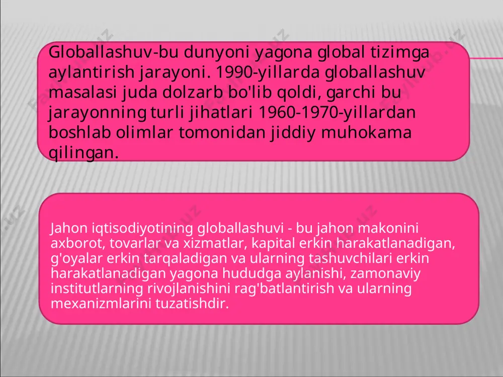 beri 153 mamlakat jahon savdo tashkilotiga a'zo. yagona (universal) xalqaro iqtisodiy, huquqiy va madaniy-axborot makonining shakllanishi. boshqacha qilib aytganda, globallashuv hodisasi sof iqtisodiy doiradan tashqariga chiqadi va ijtimoiy faoliyatning barcha asosiy sohalariga — siyosat, mafkura, madaniyatga sezilarli ta'sir ko'rsatadi. bu, shubhasiz, xxi asr jahon iqtisodiyotida hal qiluvchi rol o'ynaydi va xalqaro iqtisodiy va siyosiy munosabatlarning yangi tizimini shakllantirishga kuchli turtki beradi. globallashuvga nima sabab bo'ldi? globallashuvning asosiy sohasi xalqaro iqtisodiy tizim (jahon iqtisodiyoti), ya'ni.milliy iqtisodiyot va jahon bozorida korxonalar tomonidan amalga oshiriladigan global ishlab chiqarish, ayirboshlash va iste'mol. xx asr oxiriga kelib. xalqaro iqtisodiy tizim 200 ga yaqin siyosiy birliklarni, shu jumladan 186 davlatni o'z ichiga olgan murakkab tuzilishga aylandi. ularning barchasi u yoki bu darajada kümülatif mahsulot ishlab chiqarishda ishtirok etadilar va o'zlarining milliy bozorlarini qurish va tartibga solishga harakat qiladilar. globallashuv ko'p qirrali xarakterga ega bo'lgan barcha mamlakatlar iqtisodiyotiga katta ta'sir ko'rsatadi. bu tovarlar va xizmatlar ishlab chiqarish, …