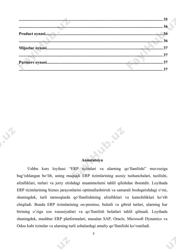 on-premise, cloud, and hybrid, along with their features and areas of application, are analyzed. the project also examines popular erp platforms, such as sap, oracle, microsoft dynamics, and odoo, and their applications in various sectors. the project explores the implementation of erp systems in enterprises in uzbekistan and the possibilities for their development, as well as the criteria for selecting erp systems, the stages of their implementation, and the challenges organizations face when implementing them. the main goal of the project is to study the future technological trends of erp systems, their integration with innovative technologies such as artificial intelligence and the internet of things (iot). this project provides companies with specific recommendations on the effective use of erp systems, the integration of technological innovations into their operations, and improving their competitiveness. ( 2 ) kirish bugungi kunda har bir tashkilot o‘zining ichki jarayonlarini samarali boshqarish va raqobatbardoshlikni saqlash uchun …