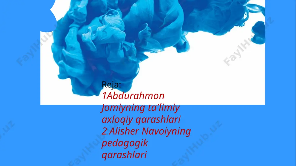 nsof va iymonga chaqirgan. abdurahmon jomiyning ta’limiy-axloqiy qarashlari sa’diyning guliston asari uslubida yozilgan «bahoriston» asari va «xaft avrang»ga kirgan «tuhfatul axror» hamda «silsilatuz zahab» («oltin zanjir») va boshqa dostonlarida ifodalangan. bu dostonlarda va «bahoriston»da jomiy haqiqiy kamolotga erishgan inson haqidagi qarashlarini bayon etadi. jomiy o‘zining mashhur «silsilatuz zahab» («oltin zanjir») dostonida esa «sevimli aziz farzandga nasihat» bobida, avvalo har bir yosh bilim olishi zarurligi, chunki inson umri juda qisqa bo‘lib, bu ulfhi behuda o‘tkazmasligi, ammo bilim olgandan so‘ng unga almal qilish lozimligini ta’kidlaydi va amaliyotsiz ilm ham behuda ekanligini alohida uqtiradi alisher navoiyning “hayrat ul-abror”, “mahbub ul-qulub” asarlari va ularda ilgari surilgan ma’naviy-axloqiy g’oyalar. allomaning maktab va madrasalar rivojiga qo’shgan hissasi. buyuk mutafakkir alisher navoiy (1441 - 1501) fan va san’atning turli sohalari: adabiyot, tarix, til bilimlari, musiqa, hattotlik,tasviriy san’at, me’morchilik rivojlantirish bilan birga ta’lim - tarbiya takomillashishiga katta e’tibor beradi. u o`zining "xamsa", "maxbubul qulub" kabi ta’limiy - axloqiy …