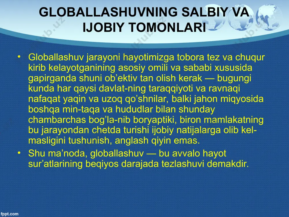 a ishontirish oson bo`ladi. globallashuv tufayli vujudga kelgan ma`naviy tahdid globallashuv tufayli vujudga kelgan ma`naviy tahdid va ommaviy ma`naviy qarashlar milliy qashshoqlanishga va jamiyatning istiqbolli taraqqiyoti yo`lida katta to`siqni yuzaga keltiradi. bizga tarixdan ma`lumki har qanday millatning, xalqning yoki ijtimoiy, siyosiy, iqtisodiy inqirozning yo`qlikka mahkumligi ko`pincha milliy-ma`naviy qashshoqlashish va yemirilish tasirida sodir bo`lgan. o`tmishda biror mamlakat qurolli kuch bilan bo`ysundirilgandan so`ng xalqining milliy birligi va ma`naviyatini, madaniyatini, milliy qadriyatlari hamda yozuvini yo`q qilishga asosiy diqqat e`tiborini qaratishgan bo`lsa, hozirgi globallashuv jarayonida esa xalqlarni bo`ysundirish va hukmronligini qo`lga olish uchun ommaviy axborot vositalari orqali g`arblashgan ma`naviy qarashlarning targ`ib qilinayotganini o`zi kifoya bo`lmoqda. ular globallashuv niqobi ostida g`arbning ma`naviy yengil-yelpi va xalqlar ongu-shuurini, qashshoq qarashlarini ilg`or va hammabop deb ko`rsatib insonlarning ongi va qalbida, dunyoqarashi va fikrlashida, e`tiqodi va tafakkurida milliy mustaqillikka bo`lgan fidoyilikni yo`qotishni maqsad qilib olgan eng beozor usullaridir. globallashuvning salbiy va ijobiy tomonlari bugungi kunda shu muammoga e`tiborni qaratish …