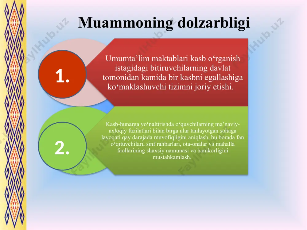 yasini oshirish va o'zlashtirish, shuningdek, ta'lim jarayonini o'quvchilar bilan birgalikda rejalashtirish va rivojlanishlariga qarab moslashtirishni talab qiladi. 3-maqsad kasbga yo‘naltirish tizimi shaxsga muayyan soha va unga doir zarur ko‘nikmalarni o‘rganishda yordam beruvchi maqsad, mohiyat, prinsip, uslub va vositalar birligidir. “maktabda o'quvchilarni kasbga yo'naltirib o'qitish ishlari samaradorligini oshirish“ mavzusining maqsadi o'quvchilarning akademik va ma'naviy rivojlanishini ta'minlash, shuningdek ularning shaxsiy tajribalariga va qobiliyatlarga qarab, ularni kasbga yo'naltirish orqali maqsadga muvofiq yo'naltirishdir. vazifa maktabda o’quvchilarni kasbga yo’naltirib o’qitish ishlari samaradorligini oshirish, mehnat va kasb ko’nikmalari vositasida ijtimoiylashtirishga xizmat qiladigan pedagogik jarayonning modelini uslubiy-tashkiliy jihatidan takomillashtirish. 1.maktabda o’quvchilar bilan individual ta’limga e’tiborni ko’proq jalb etish masalasi yechimlarini izlab topish 3.o‘quvchilar va ularning ota-onalaridan so‘rovnomalar o‘tkazish kasb.maktab.uz va profnavigator.uz elektron platformalarida testlar majmuasi orqali o‘quvchilar o‘zining qaysi kasbga qobiliyatli ekanini aniqlash. 2.boshlang’ich ta’limdan texnologiya darslarini o’yinlar video roliklar va tabiatga sayohat mavzularini amaliy holatlarda olib borish muammo yuzasidan xorijiy tajribalarni o‘rganilganligi s.fukuyama tomonidan o‘quvchilarning kasb …