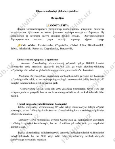 ekosistemalardagi global oʻzgarishlar — DOCX