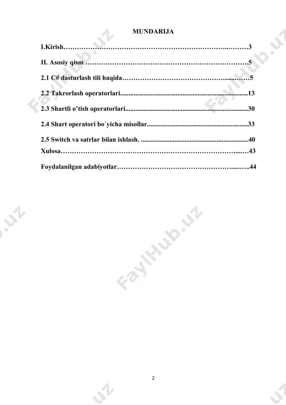 balr asosida barcha shahar va tumanlar markazlarida raqamli texnologiyalar o`quv markazlarini tashkil etish bo`yicha topshiriq berilgan edi.bu markazlarda elektron tijorat va dasturlash bepul o`rgatilib, axborot texnologiyalari sohasida tadbirkorlik bilabn shug`ullanish bo`yicha innovatsion ko`nikmalar beriladi,”startap” loyihalariga yordam berilishi ko`zda tutilgan. axborot texnologiyalarining bugungi rivojlangan davrida kompyuter texnologiyalari barcha sohalariga kirib bormoqda. xususan, hayotiy masalalarni yechishda dasturlash yordamida masalalarni matematik modellarini tuzib, ularni yechish algoritm va dasturlashni tuzish orqali jarayonlarni kompyuterlashtirish dolzarb masalalardan biri. mazkur kurs ishida massivlar yordamida masalalarni yechish usullari, massivlar ustida amallar bajarishda array sinfini qo`llash va mos dasturlari ko`rib chiqiladi. kurs ishi mavzusining dolzarbligi. c# tilida massivlar bilan ishlash, massivlar ustida amallar bajarishda array sinfining qanchalik muhimligini keltirish mumkin. kurs ishining maqsad va vazifalari: -massivlar ustida amallar bajarishda array sinfidan foydalanishning ahamiyatini o`rganish; -massivlar bilan ko`proq ishlash. kurs ishi tarkibi:kirish,asosiy qism,xulosa va foydalanilgan adabiyotlar ro`yhati ii.asosiy qism 2.1 c# dasturlash tili haqida c # ("sharpni qarang" deb talaffuz …