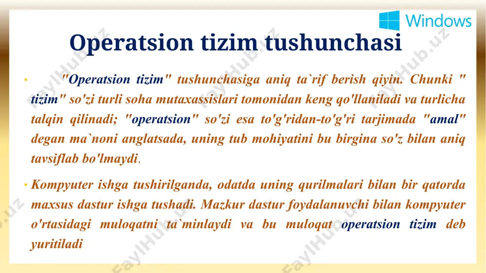 , yaxshilangan bezagi, o’z-o’zini rivojlantirish uchun maxsus vositalari mavjudligi bilan ajralib turadi. 1995 yilning sentyabr oyida ibm pc kompyuterlari uchun ishlab chiqilgan windows-95 birinchi grafik operatsion tizim bo'ldi. "window" inglizcha so'z bo'lib, o'zbekchada "oyna", "lavha" deb, windows so'zi esa "oynalar", "lavhalar" deb tarjima qilinadi. mazkur tizimning boshqalardan farqli tomoni shundaki, uning yordamida bir vaqtda ham matnli, ham grafikli, ham hisob-kitobli, ham turli boshqaruv dasturlarini ishlatish imkoniyati mavjud. shu bois uni gohida integrallashgan tizim, deb ham ataydilar. windows operatsion tizimi tarixi foydalanuvchi uchun barcha qulayliklarga ega bo'lgan bunday operatsion tizimning yaratilishi jadallik bilan texnik qurilmalarni rivojlanishiga va shaxsiy kompyuterlarni keng omma tomonidan qo'llanilishiga olib keldi. windows dasturining o'zi qisqa vaqt ichida bir necha variantda yaratildi. 1998-yilning yozida yaratilgan windows-98 yuqori darajadagi ishonchliligi, bezagining yaxshilanganligi, o'z-o'zini "tuzatish" va rivojlantirish uchun maxsus vositalari mavjudligi bilan ajralib turadi. kompyuterlarning jadallik bilan rivojlanishi va operatsion tizimlarga qo'yilayotgan talabning ortib borishi 1999 yil oxiriga kelib windows-2000 …