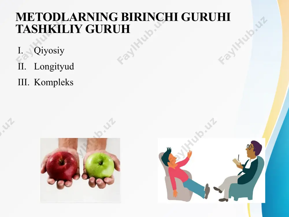 inchi choragida ishlab chiqila boshlandi (n. a. rybnikov, s. buhler). zamonaviy biografik usullar shaxsni tarix kontekstida va uning shaxsiyatining rivojlanish istiqbollarini o'rganishga asoslangan. biografik usullardan foydalanish ma'lumot olishni o'z ichiga oladi, uning manbasi avtobiografik texnikalar (so'rovnomalar, intervyu, avtobiografiya), guvohlarning qaydlari, kundaliklar, mazmunini tahlil qilish va boshqalar. so’rovnoma metodi uning yordamida turli yoshdagi odamlarning psixologik xususiyatlari narsa va hodisalarga munosabatlari o ’rganiladi. so’rovnoma odatda 3 xil tuzilishda bo’ladi. ularning birinchisi anglangan motivlarni aniqlashga mo’ljallangan savollardan tuziladi. ikkinchi xilida har bir savolning bir nechtadan tayyor javoblari beriladi. uchinchi turida sinaluvchiga yozilgan to’g'ri javoblarni ballar bilan baholash tavsiya etiladi. so’rovnomadan turli yoshdagi odamlarning layoqatlarini, muayyan sohaga qiziqishlari va qobiliyatlarini, o ’ziga, tengdoshlariga, katta va kichiklarga munosabatlarini aniqlashda foydalaniladi. proyektiv metod shaxs psixologik holatlarini rasmlar orqali aniqlash psixologiya faning tarmoqlari 24 psixologiyaning 300 dan ortiq tarmoqlari fan sifatida rivojlanayotganligi hozirgi kunda psixologiyaning fanlar tizimida yanada mustahkamlanayotganligidan dalolat beradi: - umumiy psixologiya - psixologiyaning barcha …