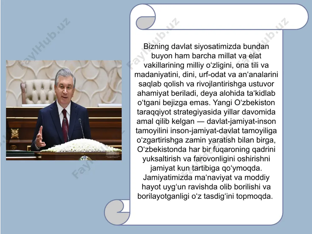 lim tizimidagi vazifalar quydagilardan iborat: 1 oliy taʼlimga qamrov darajasini 50 foizga yetkazish bilan birga asosiy eʼtibor taʼlim sifatini oshirishga qaratiladi. 2026-yilga qadar kamida 10 ta oliygoh nufuzli xalqaro reytinglarga kiritiladi; 2 talabalarning yashash sharoitini yaxshilash uchun kelgusi besh yilda qariyb 100 ming oʻrinli talabalar yotoqxonalari barpo etiladi; 3 oliy taʼlimda raqobat muhitini kuchaytirish maqsadida 2026-yilgacha xususiy oliygohlar soni kamida 50 taga yetkaziladi; 4 olimpiya va milliy sport turlari boʻyicha har ikki yilda oʻtkaziladigan umumrespublika sport oʻyinlari – milliy olimpiada tizimi joriy etiladi. “yangi oʻzbekiston – maʼrifatli jamiyat” bu, avvalo, maʼnaviy-axloqiy qadriyatlarimizni davr talablariga mos ravishda boyitish va rivojlantirish, shu orqali jamiyatning madaniy va maʼrifiy yuksalishiga erishish imkonini beradi yoshlarning intellektual salohiyati va dunyoqarashini yuksaltirish, vatanparvarlik, xalqqa muhabbat va sadoqat tuygʻusi bilan yashaydigan barkamol avlodni tarbiyalash – oliy maqsaddir. mamlakatimizda diniy bagʻrikenglik va millatlararo totuvlikni taʼminlash, fuqarolarimizni turli mafkuraviy tahdidlardan, zararli oqim va gʻoyalardan himoya qilish masalalari bundan buyon ham …