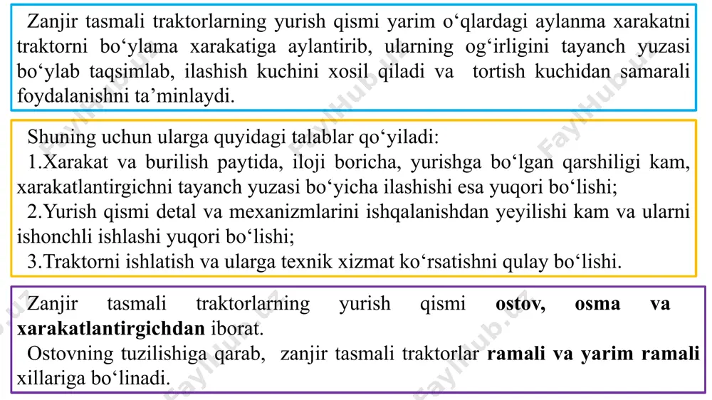 ni transmissiya mexanizmi-ning asosi tashkil etadi. t-4a, t-100m traktorlarining ostovi shular jumlasidan. t-4a traktori ostovining yarmi lonjeronlar 1, yarmi esa transmissiyaning orqa ko‘rik mexanizmlarining asosi 4 dan iborat, 2-rasm. 1-lonjeron; 2-kronshteyn; 3-uzatmalar qutisining tayanchi; 4-ketingi ko‘prik korpusi; 5-kronshteyn. lonjeronlar orqa ko‘prik asosi bilan po‘latdan yasalgan kronshteyn 5 yordamida biriktirilgan. oldingi kronshteyn orqali oldingi to‘sin lonjeronlar bilan biriktirilgan, orqa ko‘prik asosi, lonjeronlar va oldingi to‘sinlar to‘rt burchakdan iborat ramani tashkil etadi va unga traktorning ko‘p qismlari o‘rnatiladi. bular radiatorining tayanchi, dvigatelning oldingi tayanchi, dvigatelning orqa tayanchining kronshteyni, boshqarish mexanizmi kuchaytirgichining qotirish qismlari va h.k. osmalar zanjir tasmali traktorlar osmalarining vazifalari traktor ostovini tayanch katoklari bilan bog‘lab turishdan iborat bo‘lib, traktor og‘irligini tayanch katoklari o‘qlariga o‘tkazadi va yurishning ravonligini ta’minlaydi. 1-tayanch katoklar; 2-zanjir tasmali aravachasi; 3-ostov; 4-qayishqoq element; 5-yetakchi yulduzcha; 6-aravachani xarakatlantirish o‘qi; 7-yetakchi yulduzchaning o‘qi; 8-richag; 9-porshenli o‘q; 10-rostlanuvchi tayanch. tayanch katoklari o‘zining ramasi 2 ga qattiq o‘tkazilgan bo‘lib, aravacha-rama 2 …