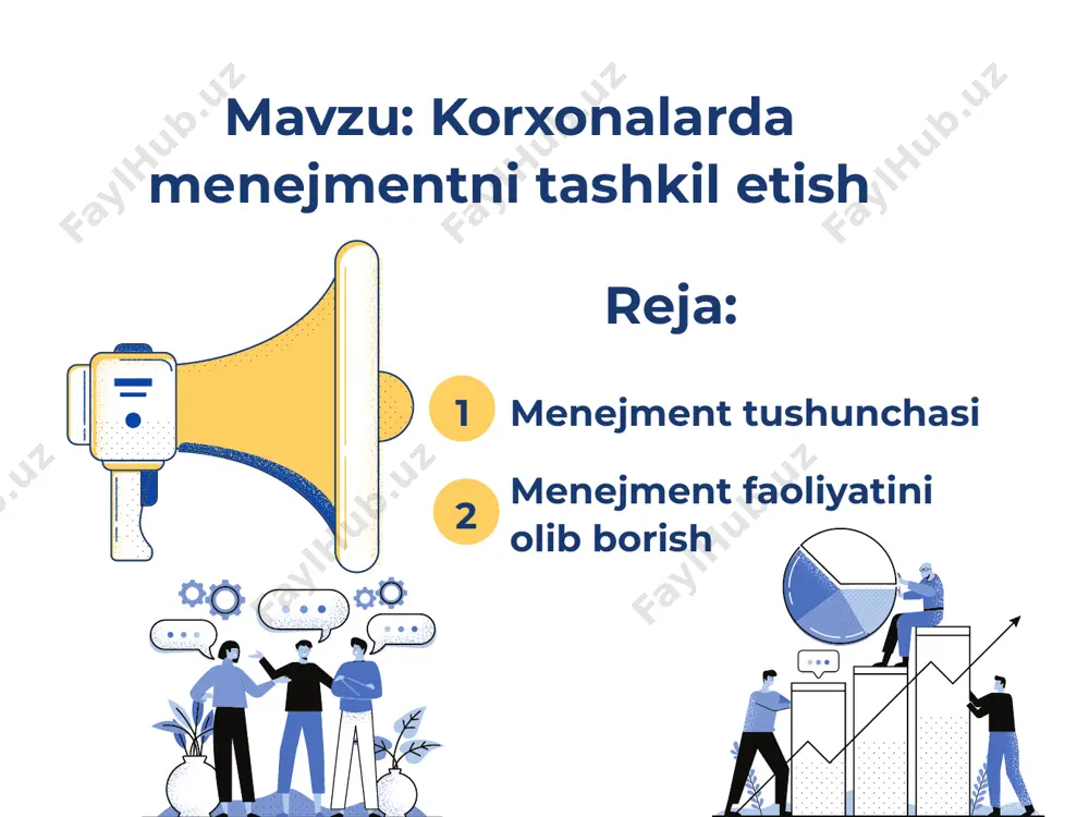 ga erishishni ta'minlashda hal qiluvchi rol o'ynaydi. korxonada menejmentni tashkil qilishning umumiy yondashuvlari: menejment faoliyatini olib borish funktsional tuzilmasi bo'linma tuzilmasi matritsa tuzilishi jamoaga asoslangan tuzilma tarmoq tuzilishi gibrid tuzilmalardan iborat. - hisobot qatorlarini aniqlang: xodimlar o'zlarining tegishli funktsional menejerlariga hisobot berishadi, ular o'z navbatida yuqori darajadagi rahbarlarga hisobot berishadi. ushbu aniq hisobot tuzilmasi aloqa va qaror qabul qilish jarayonlarini soddalashtirishga yordam beradi. - ierarxik tashkilot: funktsional tuzilmada boshqaruv marketing, moliya, operatsiyalar va inson resurslari kabi ixtisoslashgan funksiyalar asosida ierarxik tarzda tashkil etiladi. har bir bo'limga ma'lum bir sohadagi faoliyatni nazorat qiluvchi funktsional menejer rahbarlik qiladi. funktsional tuzilmasi - mahsulot yoki geografik bo'limlar: bo'linma tuzilmasida tashkilot mahsulot, xizmatlar yoki geografik hududlarga qarab alohida bo'linmalarga bo'linadi. har bir bo'linma o'z funktsiyalari va resurslariga ega yarim avtonom birlik sifatida ishlaydi. - ko'proq moslashuvchanlik: bo'linma tuzilmalari bozor o'zgarishlariga ko'proq moslashuvchanlik va sezgirlikni taklif qiladi, chunki har bir bo'linma o'z strategiyalari va operatsiyalarini mustaqil …