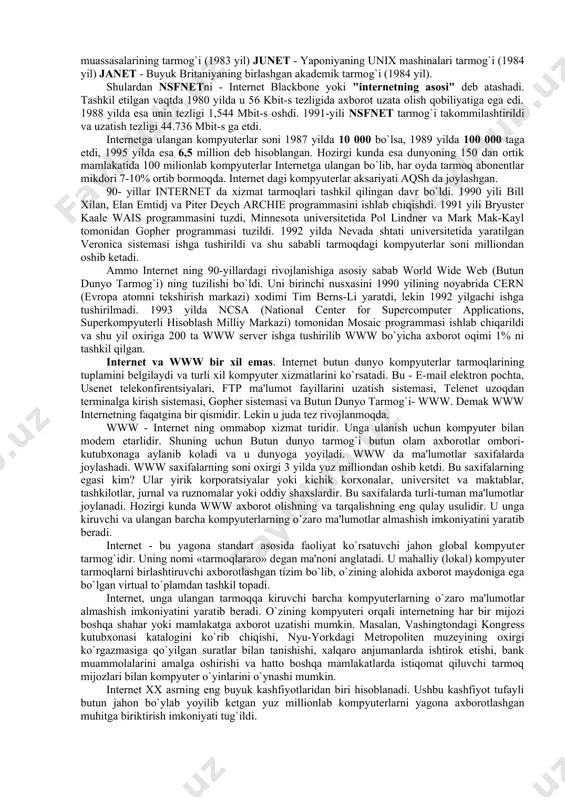 irishdan maqsad harbiy muassasalar, ilmiy va uquv markazlari kompyuterlarni bir tarmoqqa birlashtirib, boshqarishni markazlashtirish edi. maqsad yadro quroli xujumiga ham, tarmoqning bir necha qismi ishdan chiqqan holda ham ishlash faoliyatini saqlab qoladigan sistemani yaratish edi. bunday sistemani tarmoqlar soni ko`p bo`lgandagina amalga oshirsa bular edi. shunday qilib internetga asos solindi. 1964- yili 4 tarmoqdan iborat aqsh ning eng nufuzli tekshirish institutlarida joylashgan arpanet tarmog`i yaratildi. boshida olimlarning tadqiqot ishlarida foydalanilgan tarmoq, keyinchalik ularning safsata sotishning kompyuterlashgan zanjiriga aylanadi. ammo shunday tarmoq yaratishning uzi katta muvaffaqiyat edi. 70-yillarda tarmoq ancha usdi. endi tarmoqning tuzilishi unga xohlagan kompyuterlarni ulash imkoniyatini berdi. keyinchalik 1974-yilda tarmoqlarni birlashtiruvchi tcp/ip protokoli tuzildi va tarmoqning rivojlanishiga turtki bo`ldi. chunki tarmoqqa ixtiyoriy kompyuterni ulash imkoniyati paydo bo`ldi. 1983-yilda arpanet-internet deb atala boshlandi va juda kuchli, bir-biri bilan bog`langan kompyuterlar va tarmoqlar to’plamidan iborat sistemasiga aylandi. 1980-yillar internetning keskin usish davri bo`ldi. kompyuterlarning markazlashmagan boshqarish tarmog`i bilan bog`lanish sxemasi …