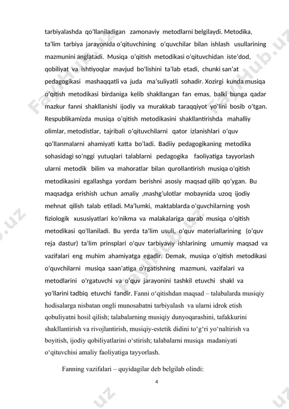 a musiqa ta’lim-tarbiya kontseptiyasida 5-bo’lim “hozirgi zamon musiqa o’qituvchisi” deb nomlanadi. unda hozirgi zamon musiqa o’qituvchisi yuksak ma’daniyatli, o’z kasbiga cheksiz sadoqat ilg’or pedagogik tafakkur egasi bo’lmog’i lozim. u o’zining uzluksiz kasbiy madaniy rivojlantirish qobiliyatiga ega bo’lishi shart. u musiqa, nafosat, pedagogika va psixologiya-fiziologiya fanlaridan, xususan, musiqa o’qitish uslubiyotidan kompleks tarzda chuqur bilim va malakalar egasi bo’lmog’i darkor. ayniqsa, musiqa o’qituvchisi ixtisosida zarur me’yorda cholg’uchilik, xonandalik, xor dirijyorligi va musiqa nazariyotchiligi sifatlari mujassam bo’lmog’i lozim. u milliy musiqada hamda o’zbek adabiy tilini mukammal bilmog’i, umumbashariy musiqa madaniyatlaridan, kundalik musiqiy-madaniy hayotdan voqif bo’lishi shart. musiqa muallimi pedagogic muloqot ustasi bo’lishi, har qanday vaziyatda ham pedagogic ta’sir usullaridan unumli foydalanish qobiliyatiga ega bo’lmog’i lozim. hozirgi musiqa muallimi ilmiy tafakkur egasi, ilg’or tajribalar shaydosi, izlanuvchan va ijodkor bo’lib, musiqa o/qitishning yangi shakl va usullarini kashf etishga intilmog’i lozim. u musiqa ta’lim-tarbiyasi mazmunini boshqa fanlar mazmuni va kundalik hayot bilan bog’lab, boyitib olib borishi …