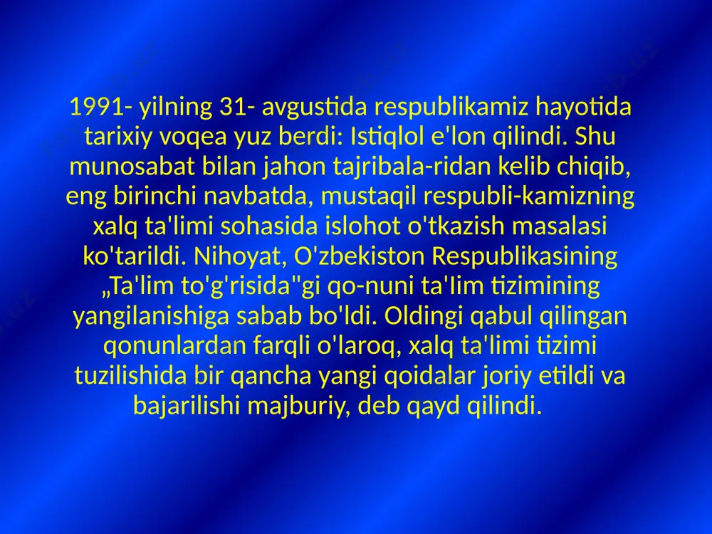 yaratish; 7 maktabgacha tarbiya muassasalarining har xil turiari uchun turli variantlardagi dasturlarni tanlab olish, maktabgacha tarbiya-ning barcha masalalari bo'yicha malakali konsultatsiya xizmati ko'rsatish imkoniyatini yaratish; 8 maktabgacha tarbiya va sog'lomlashtirish muassasalari tarmog'ini qo'llab-quwatlash va rivojlantirish mexanizmini ishlab chiqish. to'qqiz yillik (i—ix sinflar) o'qishdan iborat umumiy o'rta ta'lim majburiydir. ta'limning bu turi boshlang'ich ta'limni (i— iv sinflar) qamrab oladi hamda o'quvchilarning fanlar asoslari bo'yicha muntazam bilim olishlari, ularda bilimlarni o'zlashtirish ehtiyojini, asosiy o'quv-ilmiy va umummadaniy bilimlarni, milliy va umumbashariy qadriyatlarga asoslangan ma'naviy-axloqiy fazilatlarni, mehnat ko'nikmalarini, ijtimoiy fikrlash va atrof-muhitga ongli munosabatda bo'lishni va kasb tanlashni shakliantiradi. [umumiy o'rta ta'lim tugallanganidan keyin o'quv fanlari va ular bo'yicha olingan baholar ko'rsatilgan holda davlat tomonidan tasdiqlangan namunadagi attestat beriladi. umumiy o'rta ta'lim umumiy o'rta ta'lim negizida o'qish muddati uch yil bo'lgan majburiy o'rta maxsus, kasb-hunar ta'limi uzluksiz ta'lim tizimi- dagi mustaqil turdir. o'rta maxsus, kasb-hunar ta'limi yo'nalishi — akademik iitsey yoki kasb-hunar kolleji o'quvchilari …