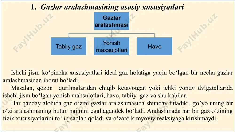 bulgan issiklik mikdori. izoxorik issiqlik sigʻimi – prosess uzgarmas xajmda borganda jismga berilayotgan issiklik mikdorini temperatura uzgarishiga nisbati. izobarik issiqlik sigʻimi – prosess uzgarmass bosimda borganda jismga berilayotgan issiklik mikdorini temperatura uzgarishiga nisbati. oʻrtacha issiqlik sigʻimi – jismga berilayotgan issiklik mikdorini temperaturalar farkiga nisbati shu jismning t1 dan t2 gacha temperaturalar oraligidagi urtacha issiklik sigimi deyiladi. 17 1. gazlar aralashmasi qaysi usulda beriladi? a) massaviy b) hajmiy c) massaviy va hajmiy d) massaviy, hajmiy va molyar test topshiriqlari 2. dalton qonuni yordamida nima aniqlanadi? a) ish v) bosim s) issiqlik d) hajm 3. issiqlik sigʻimi deb nimaga aytiladi? jismga berilgan issiqlik miqdoriga jism temperaturasini 10 ga oʻzgartirishga sarflangan issiqlik miqdoriga jismning isiganlik darajasiga issiqlikni ishga aylanishiga 4. izoxorik issiqlik sigʻimi qanday belgilanadi? a) cx v) cv s) cp d) coʻr 5. izobarik issiqlik sigʻimi qanday belgilanadi? a) cx v) cv s) cp d) coʻr 6. oʻrtacha issiqlik sigʻimi qanday belgilanadi? …