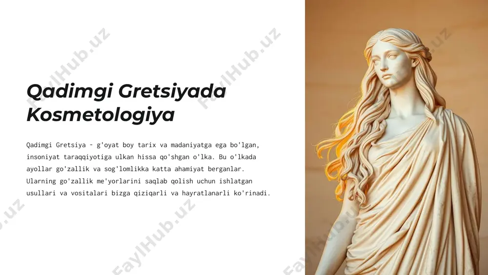 bo'y yog'larni hosil qilgan. 4 parfyumlar shaxsiy tozalik va jozibadorlikni ta'kidlash uchun. 6 kosmetika 1 rangli bo'yoqlar 2 qosh va ko'zlar ko'zlar va qoshlarni bo'yash uchun o'simliklardan tayyorlangan rangli bo'yoqlarni ishlatishgan. 3 lablar lablarini bo'yash uchun qizil rangli tuproq, xina va qizil g'o'za gullaridan foydalanishgan. 4 yonoqlar yonoqlarini qizarttirish uchun o'simliklardan tayyorlangan qizil rangli bo'yoqlarni ishlatishgan. 7 sog'lomlik va go'zallik 1 oziq-ovqat o'simliklar, mevalar va sabzavotlarga boy dieta iste'mol qilishgan. 2 mashqlar doimiy ravishda mashq qilishgan, jismoniy faollik. 3 mo'tadillik oziq-ovqat va ichimliklarda mo'tadil bo'lishgan. 8 go'zallik tanlovlari 1 afrodita bayrami go'zallik tanlovi o'tkazilgan, eng chiroyli qiz afrodita deb e'lon qilingan. 2 musiqa va raqs bayram davomida musiqa va raqslar ijro etilgan. bu go'zallikni nishonlashning bir qismi bo'lgan. 3 g'oliblar g'oliblar mukofotlangan, ularga go'zallik ramzi sifatida gulchambarlar va boshqa sovg'alar berilgan. 9 go'zallik va madaniyat san'at asarlari haykallar, rasmlar va boshqa san'at asarlari go'zallikni aks ettiradi, go'zallik ideallari. afsonalar afrodita …