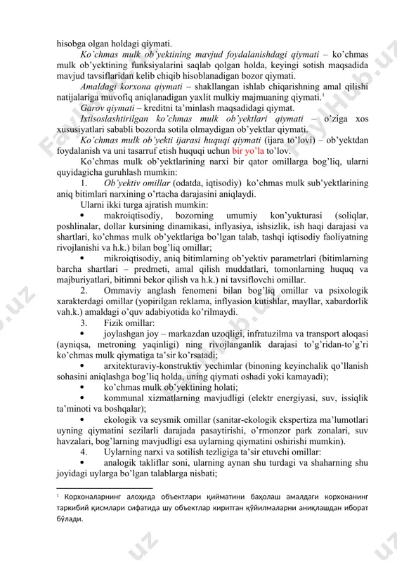 chmas mulk ob’yekti qiymati va h.k.lar farqlanadi. iste’molchi qiymati (mavjud foydalanishdagi qiymat) ko’chmas mulk ob’yektini bozorga olib chiqish maqsadi bo’lmagan, aniq mulkdor uchun shu ko’chmas mulk ob’yektining qiymatini aks ettiradi. tiklash qiymati baholanayotgan ob’yektning aniq nusxasini qurish uchun sarflanadigan joriy narxlardagi xarajatlar bilan aniqlanadi. bunda huddi shunday arxitekturaviy yechimlardan foydalaniladi, huddi shunday qurilish konstruksiyalari va materiallari qo’llaniladi, hattoki qurilish-montaj ishlarining sifati xam bir xilda bo’ladi; o’xshash holda baholanayotgan ob’yektning ma’naviy eskirishi va arxitekturaviy yechimlarining kamchiliklari aks ettiriladi. o’rindoshlik qiymati baholanayotgan ob’yektning foydaliligiga ekvivalent ravishda foydalikka ega bo’ladigan ko’chmas mulk ob’yektini qurish uchun sarflanadigan joriy narxlardagi xarajatlar bilan aniqlanadi, ammo bunda u zamonaviy loyiha me’yorlaridan, progressiv material va konstruksiyalardan, hamda zamonaviy uskunalardan foydalangan holda yangicha arxitekturaviy uslubda quriladi. shunday qilib, tiklash qiymati ob’yektning aniq nusxasini qurish uchun sarflanadigan xarajatlarda, o’rindoshlik qiymati esa – funksional analogni yaratish uchun sarflanadigan xarajatlarda ifodalanadi. investision qiymat – keltirilgan investision maqsadlarda aniq shaxs uchun daromad keltirish …