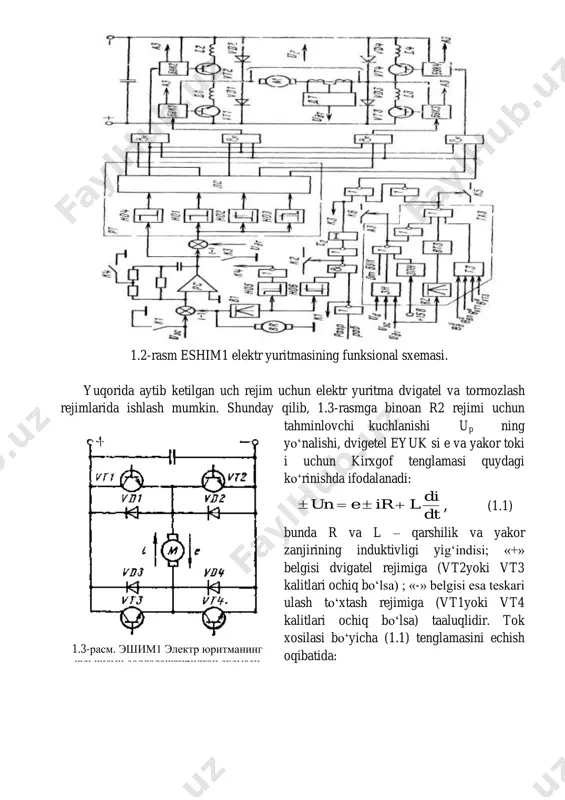 hlar (qoʻzgʻatgichlar) yordamida dvigatelning qoʻzgʻatish tokini boshqarish koʻzda tutilgan boʻlib, bu bilan tezlik rostlagichning diapazonini yashirishga erishiladi. stanokli keyu larning quvvati birdan boshlab bir necha oʻn kilovatgacha boʻlishi mumkin. 11.2. vazifalari prinsipi, texnik koʻrsatkichlari. moduli elektr yuritmaning funksional sxemasi 1.2-rasmda keltirilgan. kuch qismi. elektrodvigatel yakor m koʻprikli sxemasida ulangan vt1-vt4 kuch tranzistorli kalitlar orqali boshqarilmaydigan toʻgʻrilagich (1.1-rasmdagi bp bloki) dan oziqlanadi. elektr yuritmaning kuch qismini bu koʻrinishda tayorlanishi yakorga uzatilayotgan kengayuvchi- implyus modelyasiyali kuchlanish dvigatel tezligini rostlash imkonini beradi. vt1-vt4 kalitlarining xolatiga qarab tranzistorli oʻzgartgichning uchta ish rejimi mavjud: r2 rejimida-koʻprik elkalarida qarama-qarshi joylashgan vt1va vt4 yoki vt2 va vt3 kalitlar ochiq; r1 rejimida faqat bitta , vt1 yoki vt3 kaliti ochiq ro rejimida-barcha kalitlar berk. r1 va ro rejmilarida dvigatelning yakoridan tok oqib oʻtishi uchun sxemada teskari vd1-vd4 diodlar koʻprigi koʻzda tutilgan. 1.2-rasm eshim1 elektr yuritmasining funksional sxemasi. yuqorida aytib ketilgan uch rejim uchun elektr yuritma dvigatel va tormozlash …