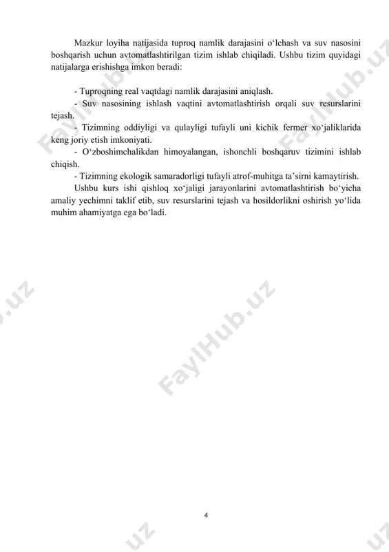 es). signalni qayta ishlovchi modul. 2-rasm. tuproq namlik o’lchash datchigi ishlash printsipi: tayoqchalar tuproqqa joylashtirilganda, tuproqning elektr o‘tkazuvchanligi o‘lchanadi. namlik darajasi qanchalik yuqori bo‘lsa, o‘tkazuvchanlik shunchalik katta bo‘ladi. signal moduli o‘tkazuvchanlik darajasiga asoslangan holda analog yoki raqamli signal hosil qiladi. analog chiqish: tuproq namligini foizlarda ko‘rsatadi (0 dan 1023 gacha). raqamli chiqish: oldindan belgilangan namlik darajasi bo‘yicha on/off signal beradi. quvvat talabi: 3.3v yoki 5v. afzalliklari: - arzon va oson o‘rnatiladi. - kichik va ixcham dizayn. kamchiliklari: - tuproqqa uzoq vaqt joylashtirilsa, korroziya bo‘lishi mumkin. - aniq natijalar olish uchun tuproq turi va tuzilishini hisobga olish kerak. tuproq namlik datchigi ushbu tizimda tuproqdagi suv darajasini o‘lchab, arduino mikrokontrolleriga ma’lumot yetkazib beradi. suv nasosi tizimning asosiy ijrochi qismi bo‘lib, tuproq namlik darajasi past bo‘lganda ishlashga tushadi va kerakli miqdorda suv yetkazadi. loyihada mini 12v suv nasosi yoki kichik elektr nasosdan foydalanish tavsiya etiladi. 3-rasm. suv nasosi nasosning asosiy ko‘rsatkichlari: - quvvat …