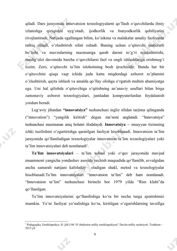 or 1979 yilda “rim klubi”da qo‘llanilgan. ta’lim innovatsiyalarini qo‘llanilishiga ko‘ra bir necha turga ajratishimiz mumkin. ya’ni faoliyat yo‘nalishiga ko‘ra, kiritilgan o‘zgarishlarning tavsifiga ko‘ra, o‘zgarishlarning ko‘ra ajratishimiz mumkin. yuqoridagi innovatsiya turlarini atroflicha quyida berilgan chizma orqali kengroq yoritilgan. innovatsiyalar turli ko‘rinishga ega. quyidagilar innovatsiyalarning asosiy ko‘rinishlari sanaladi: - yangi o‘oyalar; - tizim yoki faoliyat yo‘nalishini o‘zgartirishga qaratilgan aniq maqsadlar ta’lim tizimida yoki o‘quv faoliyatida innovatsiyalarni qo‘llashda sarflangan mablao‘ va kuchdan imkon qadar eng yuqori natijani olish maqsadi ko‘zlanadi. innovatsiyalarning har qanday yangilikdan farqi shundaki, u boshqarish va nazorat qilishga imkon beradigan o‘zgaruvchan mexanizmga ega bo‘lishi zarur. barcha sohalarda bo‘lgani kabi ta’limda ham “novatsiya”, “innovatsiya” hamda ularning mohiyatini ifodalovchi faoliyat to‘o‘risida so‘z yuritiladi. agar faoliyat qisqa muddatli, yaxlit tizim xususiyatiga ega bo‘lib,faqatgina tizimdagi ayrim elementlarni o‘zgartirishga xizmat qilsa u novatsiya (yangilanish) deb yuritiladi bordi-yu, faoliyat ma’lum kontseptual yondashuv asosida amalga oshirilib, uning natijasi muayyan tizimning rivojlanishiga yoki uni tubdan o‘zgartirishga xizmat qilsa, …