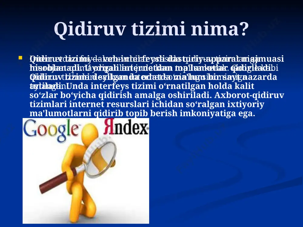 oydalanuvchiga zarur bo‘lgan axborotni samarali qidirish va topish imkoniyatini beradi. www.uz dagi bo‘limlar ("katalog", "top-reyting", "jamlangan statistika" va "yangiliklar") foydalanuvchiga qator qulayliklarni yaratadi. "katalog" bo‘limida bevosita o‘zbekiston respublikasiga aloqador bo‘lgan, ro‘yxatga olingan, ularga tavsif berilgan hamda katalog mavzulari bo‘yicha saralangan veb-saytlar haqida ma'lumot berilgan. katalog foydalanuvchilari kerak bo‘lgan saytni yo‘nalishlar bo‘yicha (iqtisod, sport, madaniyat, yangiliklar va boshqalar) qidiruv orqali tezroq topishadi. saytlarning yo‘nalishlar bo‘yicha ruknlarga (moliya, siyosat, kino va hokazo yo‘nalishlarda) ajratilgani ham qo‘shimcha qulaylik beradi. internetdan foydalanishni o‘rgangan va uning samarasidan bahramand bo‘lishni istagan har bir shaxs qidiruv tizimlarining imkoniyatlaridan yaxshi xabardor bo‘lishi, undan foydalanish yo‘llarini puxta o‘zlashtirishi talab etiladi. bunda nafaqat jahon axborot resurslaridan, balki milliy segmentdan ham foydalana olishning ahamiyati katta. chunki o‘zbek internet dunyosi ham har kuni yuzlab, minglab foydali axborotlar bilan boyimoqda. ularni topish va batafsil tanishish uchun esa milliy axborot-qidiruv tizimlari ko‘magiga tayanishga to‘g‘ri keladi. axborot izlash jarayoni axborot izlash jarayoni internetda axborot iste'molchisining …