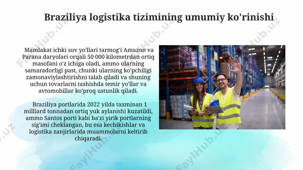 markazlarga taʼsir koʻrsatadi. braziliyaning keng hududi va rivojlanmagan infratuzilmasi logistika xarajatlarini yuqori qiladi, bu esa mamlakatning raqobatbardoshligini pasaytiradi; masalan, avtomobil transporti xarajatlari, umumiy yuk tashish xarajatlarining 60% dan koʻprogʻini tashkil etadi. elektron tijorat va logistika braziliya elektron tijoratining 2023 yilda 100 milliard aqsh dollaridan oshiq hajmdagi savdo aylanmasi, asosan, yirik shaharlar – san-paulo va rio-de-janeyro kabi hududlarda konsentrlangan bo'lib, logistika infratuzilmasiga katta talab qo'yadi. braziliyaning keng hududi va notekis rivojlangan yo'l infratuzilmasi elektron tijorat buyurtmalarini yetkazib berish muddatlarini uzaytirib, taxminan 70% ga yaqin yetkazib berish jarayonida kechikishlarni keltirib chiqaradi. sovuq zanjir logistikasi braziliyaning sovuq zanjir logistikasi tarmog'i 2000 yildan beri 5% ga yaqin o'sish sur'atini namoyon etmoqda, bu esa são paulo va rio-de-janeyro shaharlarida katta omborlarning qurilishiga olib keldi. mamlakatning shimoliy hududlarida, masalan, amazon mintaqasida, sovuq zanjir logistikasi rivojlanishi cheklangan, bu esa 15% ga yaqin mahsulotlarning yo'qotilishiga olib kelmoqda. xavfsizlik va xavfsizlik choralari braziliya logistika kompaniyalari o'rtacha yiliga 15% ga …