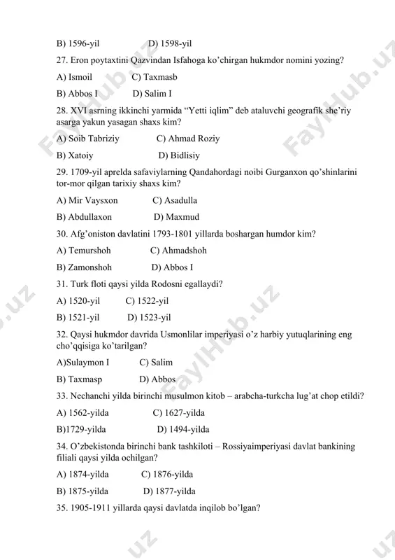 lining janubi-sharqida joylashgan davlat qaysi? a) yaman c) suriya b) ummon d) iroq 45. nechanchi yilda konstantinopol egallanadi? a) 1451-ylda c) 1455-yilda b) 1453-yilda d) 1457-yilda 46. 1704-yilda sulton ahmad ii bog’dod podshosi qilib kimni tayinlaydi? a) ayub hasan c) al-qosim b) a.adamov d) al-mansur 47. nechanchi yillarda “muqaddas liga”ga qarshi urushda usmoniylar mag’lubiytga uchraydi? a) 1683-1699 yillari c) 1685-1701 yillar b) 1684-1700 yillari d) 1686- 1702 yllar