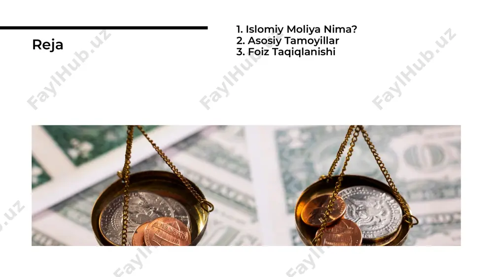 lomiy obligatsiyalar bo'lib, investorlarga mulk yoki aktivlardan keladigan daromadni taqdim etadi. bu usul, islomiy moliya bozorida muhim o'rin egallaydi. sukuk zakat va xayriya islomiy moliya tizimining ajralmas qismidir. bu tamoyillar, jamiyatda ijtimoiy adolatni ta'minlaydi va moliyaviy resurslarni teng taqsimlashga yordam beradi. zakat va xayriya islomiy moliya bozori so'nggi yillarda kuchli o'sish ko'rsatmoqda. bu, investitsiyalar va moliyaviy xizmatlar sohasida yangi imkoniyatlar yaratmoqda, shuningdek, xalqaro miqyosda qiziqish ortmoqda. islomiy moliya bozorining o'sishi global muhitda islomiy moliya tizimi o'zining o'rnini mustahkamladi. bu tizim, barqarorlik va adolat tamoyillarini o'z ichiga oladi, bu esa jahon iqtisodiyotiga ijobiy ta'sir ko'rsatadi. global muhitda islomiy moliya ushbu taqdimotda islomiy moliya tizimi va uning asosiy tamoyillari haqida ma'lumot berildi. ushbu tamoyillar, iqtisodiy adolat va barqarorlikni ta'minlashda muhim ahamiyatga ega. kelajakda bu tizim yanada rivojlanishi kutilmoqda. xulosa