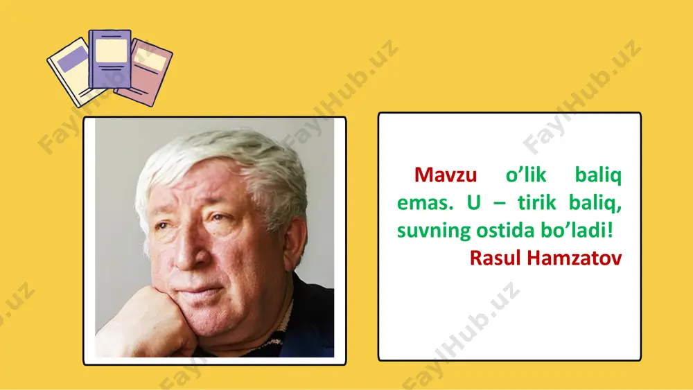 tillar, asrlarcha qildik jang, armon qildik ming yillar. beqadr bo’lsa, nahot, tillardagi tarovat! yo’qoldi bu kun, hayhot, qabrlarda halovat! «faust» yondi gurillab, «xamsa» o’tga tutashdi. bir sado jahon bo’ylab taraldi, tog’lar oshdi. bu sado yangrar hamon, sira ado bo’lmaydi. olam aytar: hech qachon ona tilim o’lmaydi. erkin vohidov adabiyotdagi abadiy va davriy mavzular. • abadiy mavzular: sevgi, o’lim va hayot, ozodlik va taqdir, yaxshilik va yomonlik, vatan va millat, inson va tabiat, ijtimoiy adolatsizlik. adabiyotdagi davriy mavzular: 1. renessans davri (xiv-xvi asrlar) – inson va san’at, madaniyatning qayta tiklanishi va klassik merosni qayta kashf qilish. 2. ma'rifatparvarlik (xvii-xviii asrlar) – aql-idrok, ilm-fan, inson huquqlari va ozodlik 3. romantizm (xviii asr oxiri - xix asr boshi) – shaxsiy his-tuyg'ular, individualizm , tabiatga muhabbat va sodda hayot. 4. realizm va naturalizm (xix asr) – real hayot , ijtimoiy muammolar , odamlarning kundalik hayoti va ijtimoiy adolatsizlik. 5. modernizm (xx asr boshlarida) – …