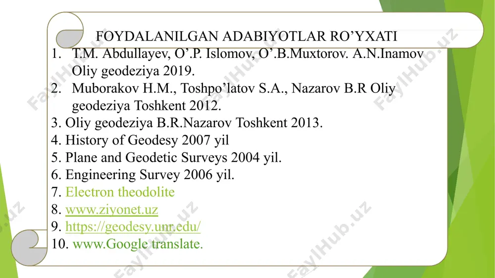 an mukammal qayta ishlash, hamda punktlar koordinatalarini va balandliklarini yagona tizimda yuqori aniqlikda aniqlashning imkoni bo‘lmaydi va aksincha yer gravitatsiya maydonini va shaklini o‘rganish uchun yagona tizimda aniqlangan tayanch geodezik tarmoqlarining koordinatalari va balandliklari zarurdir. bundan kelib chiqadi-ki, oliy geodeziyaning ilmiy va ilmiy-texnik masalalarini birgalikda ketma-ket yaqinlashish usuli bilan yechilishi lozim. oliy geodeziya va unga turdosh fanlar (gravitatsiya, kosmik geodeziya va astronomiya) asosiy ilmiy vazifasi yer figurasining (shaklining) parametrlarini (uning o‘lchamlarini), tashqi gravitatsiya maydonini va ularning davriy o‘zgarishini aniqlashdan iborat. hozirgi vaqtda oliy geodeziyada yer figurasi deganda, yerning fizik yuzasi bilan chegaralangan figura tushuniladi, ya'ni uning quruqlikdagi qattiq qobig‘ining yuzasi va o‘zaro tutash dengiz va okeanlar suv sathini tinch holatdagi yuzasi bilan chegaralangan figurasi tushuniladi. 1 – shakl. yerning shakli ilmiy va ilmiy-texnik masalarini yechishda oliy geodeziya bir necha bo‘limlarga bo‘linadi: sferoidik geodeziya, asosiy geodezik ishlar, nazariy geodeziya. bu bo‘limlarning har biri mustaqil fan sifatida o‘rganiladi. sferoidik geodeziyada ellipsoid sathida …