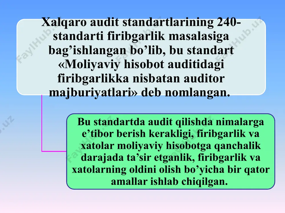 ilning oxirida foydaga ta’sir etuvchi noma’lum operatsiyalar buxgalteriya schetlarida noma’lum va chigal operatsiyalar aloqador tomonlar bilan operatsiyalar yurist, maslahatchi yoki agentlarni xizmatlariga yarasha oylik bermasdan, balki juda yuqori oylik berish auditorlik dalillarni to’plash vaqtida paydo bo’ladigan muammolarga misollar hisob yozuvlarini noto’g’ri olib borilishi, masalan, buxgalteriya kitoblari va schetlarda o’zgarishlarni ko’pligi, standartlar asosida operatsiyalarni aks ettirmaslik operatsiyalar va buyruqlarni hujjatlashtirmaslik buxgalteriya yozuvlari va uchinchi tomonlar ma’lumotlari o’rtasida katta farq mavjudligi va ularning auditorlik isbotlariga qarama-qarshiligi auditorning savollariga noaniq yoki umuman javob bermaslik moliyaviy xo’jalik faoliyati avtomatik ravishda amalga oshirilayotgan korxonalarda firibgarlik va xatolarga ta’sir etuvchi omillar dasturlar eskirishi yoki vaqtida ma’lumotlarni kompyuterga kiritmaslik sababli fayllardan ma’lumot ololmaslik qo’lga kiritilgan ma’lumotlarni tasdiqlanmaganligi, tekshirilmaganligi va tegishli hujjatlarda aks ettirilmaganligi moliyaviy hisobot va ma’lumotlar bazasi o’rtasidagi balans yo’qligi to’g’ri rejalashtirish va xalqaro audit standartlariga asoslanib, auditni amalga oshirishga qaramasdan, moliyaviy hisobotni xatolarini aniqlanmaslik riski juda katta firibgarlik natijasida paydo bo’lgan xatolarni aniqlay olmaslik riski …