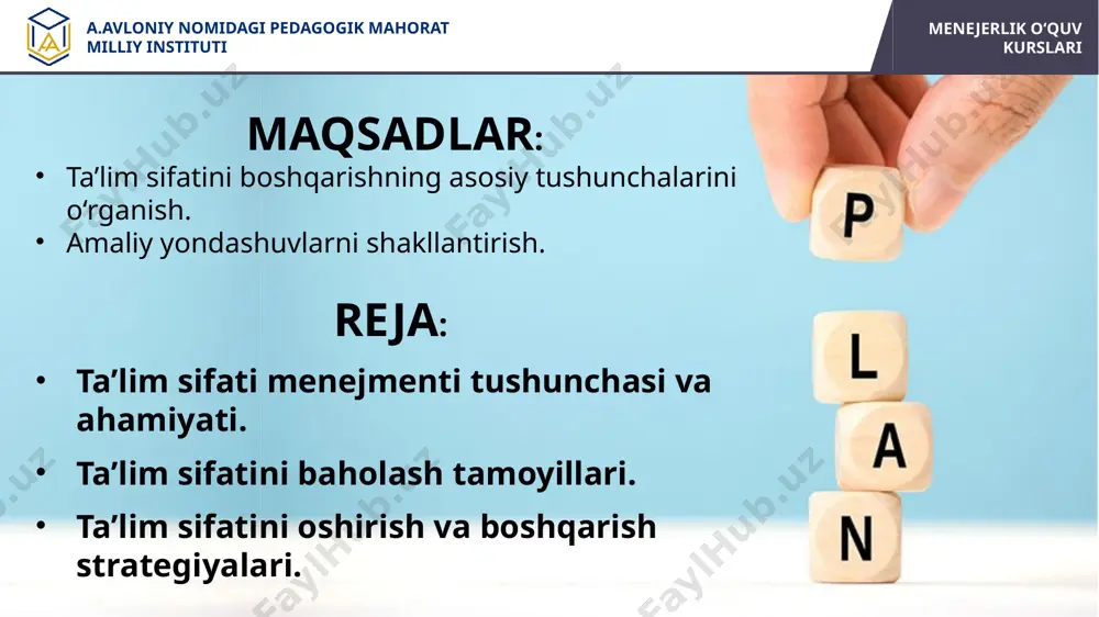 tli sifatli sifatli resurslar sifatli a.avloniy nomidagi pedagogik mahorat milliy instituti menejerlik o‘quv kurslari o‘quv reja va dasturlar (variativ); zamonaviy darsliklar; o‘quv va metodik adabiyotlar; ta’limiy platformalar; o‘quv resurslari a.avloniy nomidagi pedagogik mahorat milliy instituti menejerlik o‘quv kurslari kadrlar bilan ta’minlanganlik; kadrlar salohiyati; sinf xonasining jihozlanishi; o‘quv-laboratoriya jihozlari; zamonaviy kompyuter texnikasi; sifatli internet tarmog‘i; kutubxona va arm; o‘quv sharoiti a.avloniy nomidagi pedagogik mahorat milliy instituti menejerlik o‘quv kurslari ta’lim muassasasining navbatliligi; dars jadvalining to‘g‘ri tuzilganligi; metodbirlashmalarning faoliyati (steam, clil); zamonaviy samarali metodikalar; mashg‘ulotlarda aktni keng qo’llash; to‘garaklar (fan, sport, san’at, zamonaviy kasblar) o‘quv jarayoni a.avloniy nomidagi pedagogik mahorat milliy instituti menejerlik o‘quv kurslari xodimlar potensiali va resurslardan oqilona foydalanish; xodimlarni munosib rag‘batlantirish (moddiy, ma’naviy); sog‘lom, ijodiy muhit; maktab va oila hamkorligi, jamoatchilik nazorati. menejment a.avloniy nomidagi pedagogik mahorat milliy instituti menejerlik o‘quv kurslari menejerlik o‘quv kurslari a.avloniy nomidagi pedagogik mahorat milliy instituti ta’lim sifatini baholash tamoyillari aniqlik: mezonlar aniq va …