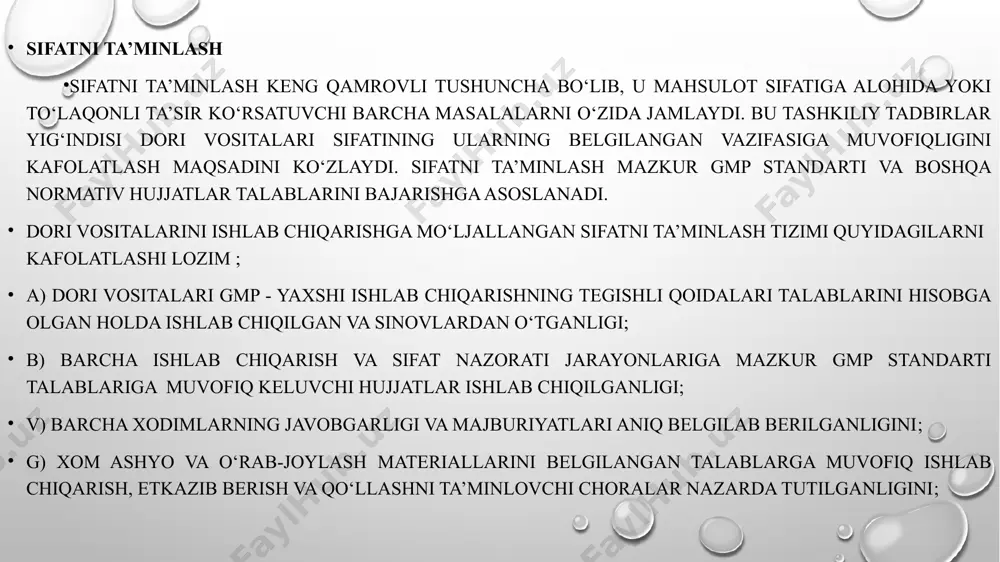 riallar, o‘ramlash va yorliqlash vositalari; • tasdiqlangan uslubiy qo‘llanmalar va yo‘riqnomalar; • saqlash va tashishning tegishli jarayonlari; g) yo‘riqnomalarva stjlar ko‘rsatmalar shaklida tayyorlanib, aniq va bir ma’noni ifodalagan holda bayon etilishi lozim, hamda mavjud bo‘lgan vositalarga muayyan ravishda qo‘llanadigan bo‘lishi lozim; d) xodimlar stj va yo‘riqnomalarni to‘g‘ri bajarishiga o‘qitilgan bo‘lishi lozim; e) ishlab chiqarish vaqtida, belgilangan stj va yo‘riqnomalarda talab etiladigan barcha bosqichlar haqiqatda ham amalga oshirilganligini, shuningdek, mahsulotning miqdori va sifati rejalashtirilgan me’yorlarga mos kelishini hujjatlar asosida tasdiqlovchi bayonnomalar qo‘lyozma usulida va/yoki yozib oladigan asbobdan foydalangan holda tuzilishi lozim. har qanday sezilarli chetlanishlar to‘liq bayonomalashtirilishi va tekshirilishi lozim; j) mahsulot seriyasi bayonnomalari, shu jumladan distribyusiya bayonnomasi har bir seriyani ishlab chiqarilishini kuzatishga imkon berishi hamda tushunarli va olinishi oson bo‘lgan shaklda saqlaniishi lozim; z) mahsulot distributsiyasida (ulgurji sotuvida) uning sifatini pasayishi xavfi minimumga olib borilishi lozim; i) mahsulotlarning har qanday seriyasini sotuvdan yoki etkazib berish jarayonidan chaqirib olish tizimini …