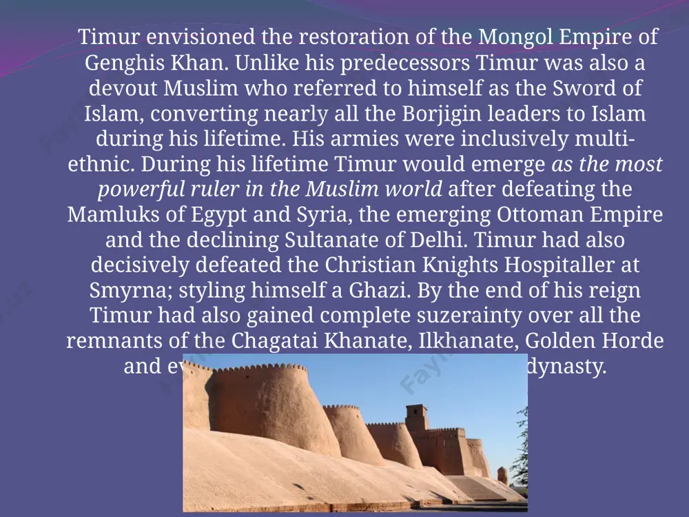 released. timur preferred to fight his battles in the spring. however, he died en route during an uncharacteristic winter campaign against the ruling chinese ming dynasty. sons of timur jahangir mirza ibn timur umar shaikh mirza i miran shah ibn timur shahrukh mirza ibn timur the timurid dynasty the timurid dynasty (persian: تیموریان‎), self-designated gurkānī (persian: گوركانى‎), was a persianate, sunni muslim dynasty of turco-mongol lineage which ruled over modern-day iran, afghanistan, much of central asia, as well as parts of contemporary pakistan, mesopotamia, anatolia and the caucasus. the dynasty was founded by timur (tamerlane) in the 14th century. the timurids lost control of most of persia to the safavid dynasty in 1501, but members of the dynasty continued to rule parts of central asia, sometimes known as the timurid emirates. in the 16th century, babur, a timurid prince from ferghana, established a small kingdom in kabulistan (modern afghanistan), and …