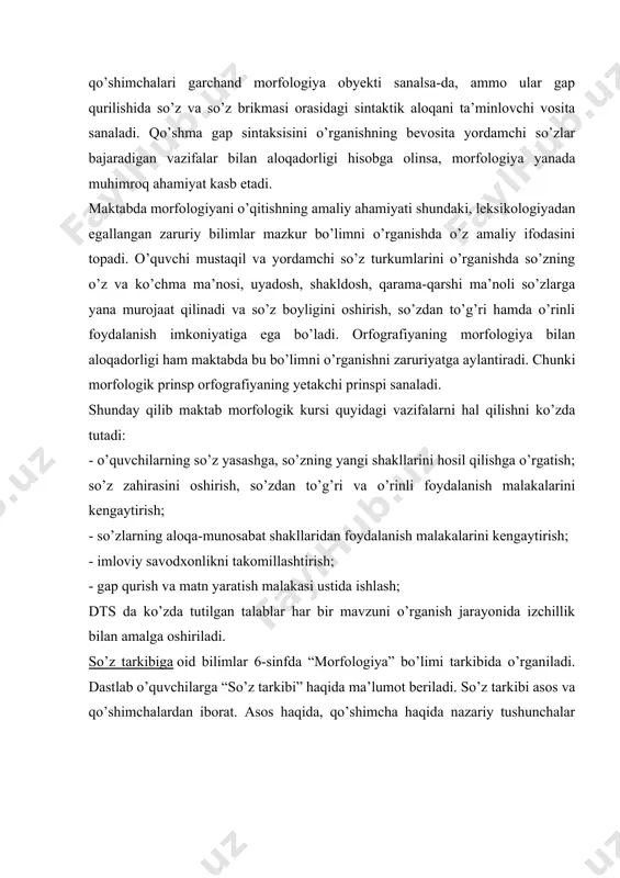 turkumlari haqida ma’lumot berish boshlanadi. o’quvchilar so’z turkumlariga oid bilimlar bilan 5-sinfda ham tanishganlar. 6-7-sinflarda esa so’z turkumlari izchil kurs sifatida o’rgatiladi. o’quvchilar dastlab so’z turkumi haqida nazariy bilim bilan tanishadilar. so’zlarning so’rog’i va qanday umumlashgan ma’no ifodalashiga ko’ra guruhlarga bo’linishi so’z turkumlari hisoblanadi degan qoida beriladi. so’zlar 5 ta guruhga bo’lib o’rgatiladi. dastlab o’quvchilarga 1-guruh so’zlar, ya’ni mustaqil so’zlar turkumi o’rgatiladi. mustaqil so’z turkumlari fe’l, ot, sifat, son, olmosh, ravish tartibida o’rgatiladi. mustaqil so’z turkumlarini o’rgatishda quyidagi jihatlarga e’tibor berish lozim: 1.so’z turkumlarining so’rog’i, gapdagi vazifasi, bir so’z turkumining boshqasidan farqi o’rgatilishi kerak. 2.har bir mashg’ulotda morfologik tahlil o’tkazib borilishi lozim. morfologik tahlil quyidan yuqoriga qarab murakkablashib boradi. so’z turkumiga oid nazariy tushuncha berila borilgani sari morfologik tahlil ham kehgaya boradi. ko’plab metodistlar, o’qitivchilar so’z turkumi oxirida shu turkum bo’yicha tahlil o’tkazishni tavsiya qiladilar. masalan, fe’l turkumi o’rganib bo’lingach, fe’l so’z turkumi yuzasidan tahlil o’tkaziladi. bizningcha, tahlilni har bir …