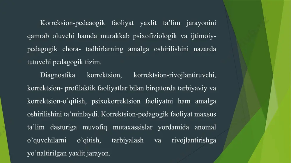 lariga qarab bclgilanadi. litimoiv adaptatsiya (yunoncha «adapto» — moslashish) — anomal bolalarning individual va guruhli xulqlarini jamoatchilik qoidalari va qadriyatlari tizimiga mos kelishini ta’minlash. anomal bolalar uchun ijtimoiy munosabatlarni tashkil etish qiyin, sodir bo’layotgan o’zgarishlarga mos ravishda javob qaytarish qobiliyati past, shu bois murakkab talablarni bajarishga ulaming layoqati etmaydi. ijtimoiy adaptatsiya bolalarga ijtimoiy foydali mehnatda faol ishtirok etish uchun imkoniyat yaratadi. /docprops/thumbnail.jpeg