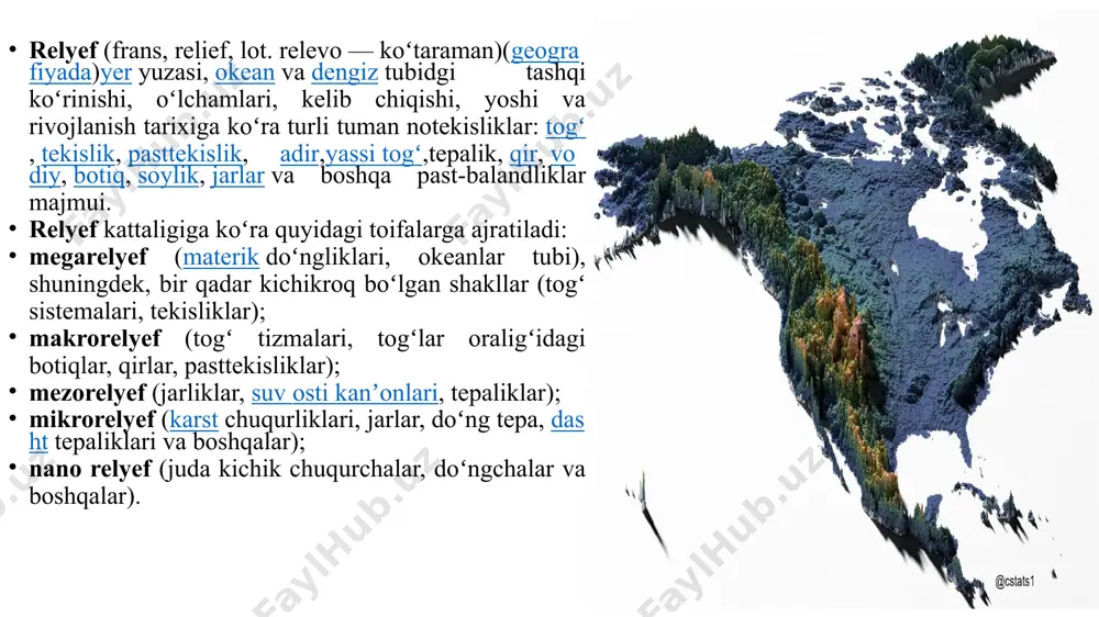 lda tasvirlangan relyef 10-16 pog‘onada berilishi mumkin. bu usuldan suv osti relyefmi tasvirlashda ham foydalaniladi, suv osti relyefi ko‘k rangda beriladi, bu batimetrik usul deb yuritiladi. yuqoridagi usullar yordamida relyefning barcha xususiyatlarini to‘liq tasvirlab bo‘lmaydi. masalan, tog‘li hududlarda yer betiga chiqib turgan tog‘ jinslari, g‘orlar, jarliklar va boshqalarni gorizontallar bilan tasvirlab bo‘lmaydi. bunday relyef shakllari maxsus shartli belgilar bilan ko‘rsatiladi. joylardagi balandlik farqlarini aniqlash uchun relyef xarakterli nuqtalarining absolut balandliklar (masalan, tog‘ cho‘qqilari va cho‘kmalar) raqamlar bilan yozib qo‘yiladi. gipsometrik usulda tasvirlangan relyefni o‘qish uchun karta legendasida berilgan chuqurlik va balandliklar shkalasidan foydalanish zarur. bu shkala asosida kartadagi 2 nuqta orasining ko‘ndalang kesmini (profilini) chizib relyefni yanada aniqroq va mukammalroq o‘rganish mumkin. bunday ko‘ndalang profil o‘zbekiston geografik atlasining (1999) tabiiy geografik kartasida (8-9 betlar) berilgan bo‘lib 2 masshtabda (gorizontal masshtab 1:4 mln, vertikal masshtab 1:100000) va ikki xil yo‘nalishda ko‘rsatilgan. relyefni plastik (tekis) usulda, ya’ni fotorelyef usulida ham tasvirlash mumkin. …