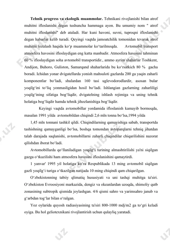 . o‘zbekistonning tabiiy qlimatiq hususiyati va uni tashqi muhitga ta'siri. o‘zbekiston evroosiyoni markazida, dengiz va okeanlardan uzoqda, shimoliy qutb zonasining subtropik qismida joylashgan. 4/6 qismi sahro va yarimsahro janub va g‘arbdan tog‘lar bilan o‘ralgan. yoz oylarida quyosh radiasiyasining ta'siri 800-1000 mdj/m2 ga to‘gri keladi oyiga. bu hol geliotexnikani rivojlantirish uchun qulayliq yaratadi. respublika hududini 3 ta qlimatiq zonaga bo‘lishi mumkin: sahro va qo‘l, tog‘ oldi va tog‘ zonalari. yogin miqdori 200 mm dan oshmaydi qish asosan noyabrdan boshlanadi. asosan qisqa-qisqa muddatli qor yogadi, o‘rtacha yillik qorning miqdori 2-11 sm.dir respublikaning asosiy qismida qish 190-200 qun davom etadi. minimal harorat iyul oyida 26-28 c, maksimal 45-46 gradusni tashkil qiladi. effeqtiv harorat yigindisi vegetatsiya davrida 2200-2800, janubda esa 3400 gradusni tashkil qiladi. tabiiy klimatik faktor ta'sirida va geografik joylashishi nuqtai nazaridan respublika suv tanqisligi sezilmaydi, chunqi vodiylari daryo va oqar suvlar bilan, shuning uchun yerlarini sug‘orib ekishga mosdir, bu hol kishilik jamiyatini …