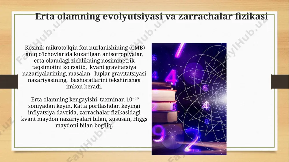 ishda zarrachalar fizikasining roli qorong'u moddaning taxminan 85%ini tashkil etadigan sovuq qorong'u modda zarrachalarining xususiyatlarini aniqlash uchun buyuk hadron to'qnashtiruvchisi (cern, shveytsariya) kabi yirik eksperimentlar muhim rol o'ynaydi. qorong'u energiyaning tabiatini tushunish uchun, uning kosmologik parametrlarga, masalan, hubble doimiysi (70 km/s/mpc atrofida) ta'siriga qarab, standart modelning kengaytirilgan versiyalarini, jumladan, supersimmetriyani o'rganish zarur. kelajakdagi tadqiqotlar va kashfiyotlar kelajakdagi tadqiqotlar, katta hadron kollayderida 10 tev dan yuqori energiyalarda protonlarni to'qnashtirish orqali, cernda yangi zarralarni va ularning o'zaro ta'sirlarini o'rganishga qaratilgan bo'lishi mumkin. dark matter particle explorer (dampe) va boshqa kosmik teleskoplar yordamida galaktikalararo muhitdagi 100 gev dan yuqori energiyali gamma nurlarining kelib chiqishini o'rganish, yangi fizika modellari haqida ma'lumot berishi mumkin. e'tiboringiz uchun rahmat @taqdimot_robot image7.jpg image8.jpg image9.jpg image10.jpg image11.jpg image12.jpg image13.jpg image14.jpg image15.jpg image3.png image4.png
