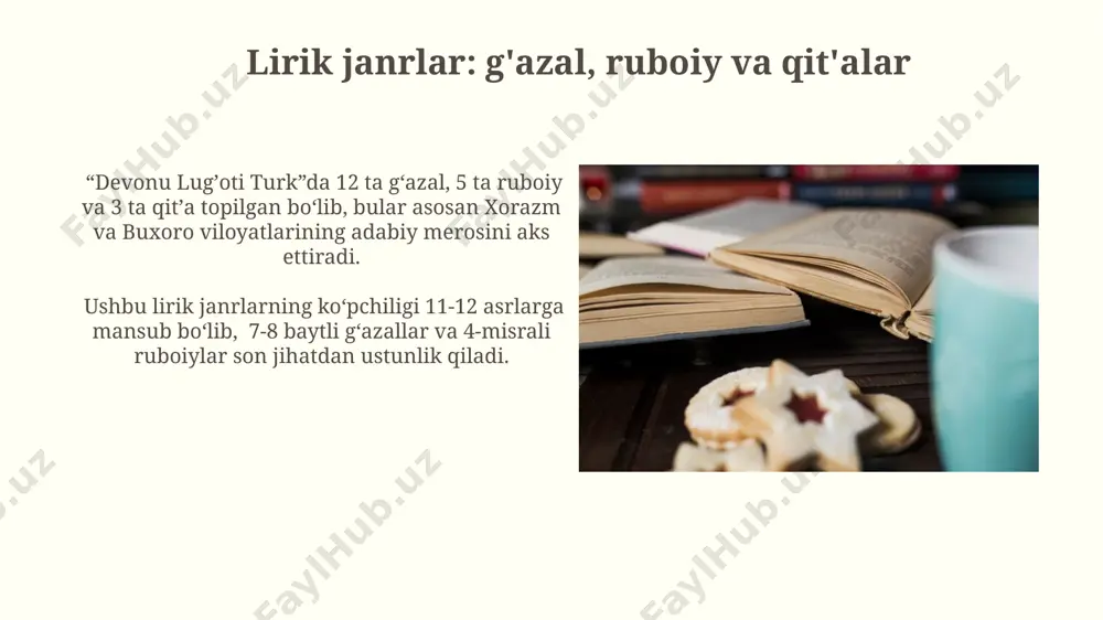 13-asr samarqand madaniy muhitida yuzaga kelgan sheʼr janrining ijtimoiy mavqei va uning 2 ta asosiy vakili, yusuf xos hojib va ahmad yugnakiyning ijodidan misollar keltirish mumkin. "devonu lug'oti turk"da janrlarning tasnifi devonning 15-asrga oid qo'lyozmalarida she'riy janrlarning taqsimoti va ularning badiiy xususiyatlari, 50 dan ortiq misollari bilan batafsil tahlil qilingan. turkiy tillar tarixini o'rganishda "devonu lug'oti turk"dagi 300 dan ortiq proza va she'riy matnlarning janr xususiyatlari markaziy osiyo adabiyoti tarixiga yangi ma'lumotlar qo'shadi. nasr janrlari: maqola va risolalar maqolalar va risolalarning til va uslubiy xususiyatlari 11-12-asrlardagi turkiy adabiyotining oʻziga xos xususiyatlarini aks ettiradi. “devonu lugʻoti turk”da 10 dan ortiq maqola va risolalar mavjud boʻlib, ularning aksariyati samarqand va buxoro kabi shaharlarda yashagan olimlar tomonidan yozilgan. e'tiboringiz uchun rahmat @taqdimot_robot image2.jpg image3.jpg image4.jpg image5.jpg image6.jpg image7.jpg image8.jpg image9.jpg image10.jpg image11.jpg image12.jpg image13.jpg