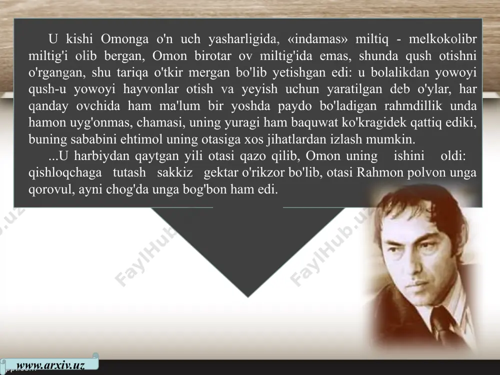amdan chiqib ketgan edi bir-ikki marta. keyin qaytib kelib edi. bular ham keladi hali...» — deb o'yladi u va g'ashlanib esladi: o'shanda u har gal ota-si yonida qolar edi. kiyik ovlarga chiqqanda to'rt-besh kunlab kimsasiz kamarlarda yotib, pistirmalarda tunab, yolg'izlikka mutlaqo o'rganib ketgan omon mergan xotinsiz uyiga ham ko'nikdi. boladan uning ko'ngli xotirjam edi... www.arxiv.uz omon mergan tunda: o'rmonda, tog'da hech narsadan qo'rqmagani kabi jin-ajina degan narsalarga ham ishon-mas, shu ma'noda «qon tutadi», «gunoh», «ko'z tegadi» degan gaplarning ham uning uchun ma'nosi yo'q edi. masalan, qadimdan qolgan gap bor: ovchi kiyikdan bitta otishi kerak. aks holda, bir falokat yuz berishi mumkin emish. omon bu gapga ham panja orasidan qarardi. chunki bu gap — qadim-qadimdan kiyiklarni asrab qolish, ularni qirib yubormaslik uchun diniy tus berib aytilgan, deb o'ylardi. www.arxiv.uz ...omon «indamas»ni zanglatmaslik uchun o'rikzorga oraladi. bitta zag'izg'on otdi. so'ng uni olvolish, tog'da tulki ko'rgan yerlariga qo'yib poylashni o'yladiyu, buni o'ziga ep …