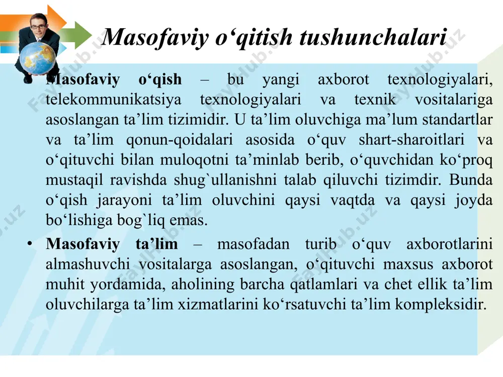alarga asoslangan ta'limning imkoniyatlari. nashr materiallari audio va video materiallar kompyuter o'rgatuvchi dasturlar elektron jurnallar interfaol ma'lumotlar bazasi kompyuter tarmoqlari orqali uzatiladigan boshqa o'quv materiallar an'anaviy va zamonaviy texnologiyalarga asoslangan ta'lim afzalliklari. dars turi ko'rgazmali vositalar ma'ruza audio va video lektsiyalar ma'ruza radio va tv lektsiyalar ma'ruza elektsiya-elektron lektsiyalar zamonaviy texnologiyalar o'qitish usullarini ham takomillashtirishga ishonch hosil qilish mumkin. zamonaviy texnologiyalar ta'lim jarayoniga yangi terminlarni olib kirdi. keyingi vaqtlarda elektron lektsiyalar, ya'ni elektsiya tushunchasi paydo bo'ldi. elektsiya - bu kompyuter tarmoqlari orqali tarqatiluvchi lektsiya materiallaridir. elektsiya nafaqat ma'ruza matnlaridan balki o'quvchini bahslarga tayyorlashga xizmat qiluvchi o'quv materiallari, maqolalar, ularning qisqartmalaridan tashkil topishi mumkin. kommunikatsiya asosida «ko'pchilik ko'pchilik» ta'limi – o'quv jarayonidagi barcha ishtirokchilarning o'zaro faolligi bilan xarakterlanadi. jamoaviy o'quv bahslari va konferentsiyalarning o'tkazilishi bu metodning rivojlanishiga olib keladi. o'quv muloqotlari o'quvchilar-o'qituvchi va o'quvchilar-o'quvchilar shaklida bo'ladi. bu metod sinxron va asinxron audio, audiografik, video va kompyuter konferentsiyalari texnologiyalariga asoslanadi. kompyuter kommunikatsiya …