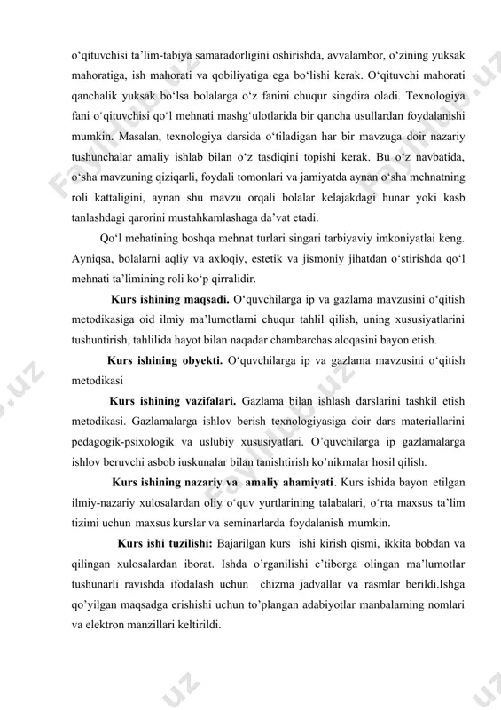 atiladi. gazlamalar tanda (oʻrish, boʻylama) va arqoq (enlama) iplarning oʻrilishi, ularning materiali, eni, pardoz turlari, ishlatilishi bilan bir-biridan ajraladi (ip gazlama, jun gazlama, ipak gazlama va h. k.). gazlamaning pishiqlik, kirishuvchanlik, choʻziluvchanlik, qalinlik xossalari bor. pishiqlik — tanda va arqoq iplarining pishitilishi va oʻrilishiga bogʻliq, u maxsus dinamometr yordamida anikdanadi. choʻziluvchanlik — tanda va arqoq iplari yoʻnalishida tortilganda yirtilguncha uzayishi. dinamometrda pishiqlikni oʻlchash vaqtida aniqlanadi. kirishuvchanlik — saqlash, hoʻllash, yuvish va b. hollarda oʻlchamining qisqarishi. u tanda va arqoq iplarining materiali va xossalari, toʻqimaning tuzilishi hamda pardozlash xillariga bogʻliq; gazlama 3—10% kirishishi mumkin. qalinligi tanda va arqoq iplarining yoʻgʻonligiga, zichligi va pardoz turlariga bogliq. kiyimlik gazlamalarning qalinligi 0,1—5,0 mm, texnikada ishlatiladiganlariniki bundan qalin boʻladi. qalinlik maxsus asboblar bilan oʻlchanadi. gazlamalarni pardozlashda tukini yoʻqotish, ohorini toʻkish, oqartirish, boʻyash, gul bosish, tarash va b. ishlar bajariladi. tukini yoʻqotish — g. yuziga chiqib qolgan ip va tolalarni olib tashlash; kuydirish yoki qirqish yoʻli …