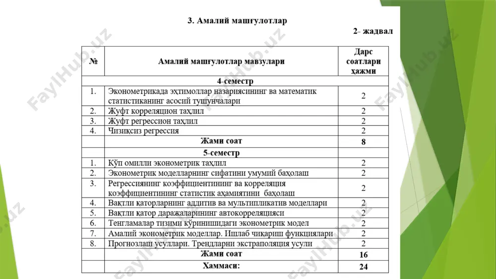 sodiy masalalarni echishda qo'llaniladigan amaliy modellar (iqtisodiy tahlil, bashoratlash, boshqarish modellari)ga bo'linadi. determinirlangan modellar model o'zgaruvchilari orasidagi qat'iy funktsional bog'lanishlar borligini nazarda tutadi. stoxastik modellar tadqiq qilinayotgan ko'rsatkichlarga tasodifiy ta'sirlarning borligini e'tiborga oladi hamda ularni tasvirlash uchun ehtimollar nazariyasi va matematik statistikaning vositalaridan foydalanadi. statik modellarda barcha bog'lanishlar vaqtning tayinli payti yoki davriga tegishlidir. dinamik modellar iqtisodiy jarayonlarning vaqt bo'yicha o'zgarishini tavsiflaydi. qaralayotgan vaqt davrining uzunligiga qarab bashoratlash va rejalashtirishning qisqa muddatli (bir yilgacha), o'rta muddatli (5 yilgacha), uzoq muddatli (10-15 va undan ko'proq yilgacha) modellari farqlanadi. iqtisodiyot modellari fazoviy omillar va shartlarni o'z ichiga olishiga qarab fazoviy va nuqtaviy modellar farqlanadi. shunday qilib, iqtisodiyotda modellarning umumiy tasnifi o'ndan ortiq asosiy belgilarni o'z ichiga oladi. iqtisodiy-matematik tadqiqotlarning rivojlanishi bilan qo'llanilayotgan modellarni tasniflash muammosi murakkablashib boraveradi. 1.3. iqtisodiyotda modellashtirish bosqichlari iqtisodiy muammoning qo'yilishi va uni sifat jihatdan tahlil qilish. bu bosqich modellashtiriladigan ob'ektning eng muhim xususiyatlari va xossalarini ajratib, ularni ikkinchi …