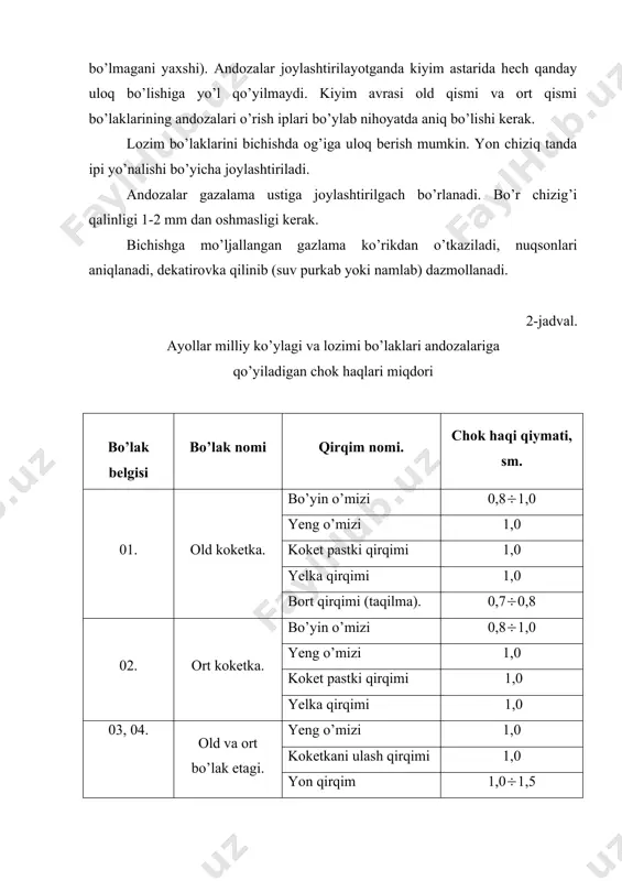 b) dazmollanadi. 2-jadval. ayollar milliy ko’ylagi va lozimi bo’laklari andozalariga qo’yiladigan chok haqlari miqdori bo’lak belgisi bo’lak nomi qirqim nomi. chok haqi qiymati, sm. 01. old koketka. bo’yin o’mizi 0,8(1,0 yeng o’mizi 1,0 koket pastki qirqimi 1,0 yelka qirqimi 1,0 bort qirqimi (taqilma). 0,7(0,8 02. ort koketka. bo’yin o’mizi 0,8(1,0 yeng o’mizi 1,0 koket pastki qirqimi 1,0 yelka qirqimi 1,0 03, 04. old va ort bo’lak etagi. yeng o’mizi 1,0 koketkani ulash qirqimi 1,0 yon qirqim 1,0(1,5 etak qirqimi 3(4 05. yeng yeng qiyamasi 1,0 yon qirqim 1,0 yeng uchi 3,0 06. yoqa yoqa uchlari 0,7(0,8 yoqani o’mizga ulash qirqimi 0,8(1,0 10. lozim og’ qirqimi 1,0 yon (ichki) qirqim 1,0 bel qirqim 3(4 pocha 1,0 11. lozim manjeti. yon qirqim 1,0 manjetni pochaga ulash qirqimi. 1,0 3-jadval. ayollar milliy ko’ylagi va lozimi bo’laklarida tanda ipi yo’nalishi va undan chetga chiqish qiymatlari bo’lak belgisi bo’lak nomi bo’laklarda tanda ipi yo’nalishi mumkin …