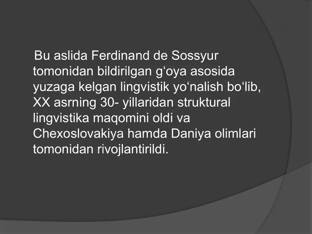 x. uldallar ham glossematika maktabining vakillari hisoblanadi. glossematiklarda til sinxron - hozirgi bir davrdagi sof munosabatlarning mavhum sistemasi sifatida beriladi. bunda har bir konkret tilning o`ziga xosligi, xususiyatlari inkor qilinadi. ular «tilshunos tilning real elementlari orasidagi o`zaro munosabatni emas, balki tildagi zamon va makon chegarasi bo`lmagan munosabatlar strukturasinigina tekshirishi lozim, degan universal tahlimotni yaratmoqchi bo`ladilar. xema – til sxemasi o`zining ijtimoiy amalga oshishiga va moddiy voqelashishiga bog`liq bo`lmagan alohida sof formadir. norma – til normasi (mehyori) muayyan ijtimoiy reallashishiga ko`ra aniqlanuvchi, ammo batafsil bayon qilinishiga bog`liq bo`lmagan moddiy formadir. uzus – til uzusi muayyan ijtimoiy jamoada qabul qilingan va kuzatilayotgan voqelikdagi faktlar bilan aniqlanuvchi malakalarning jamidir. l.elmslev konkret, individual nutq aktining til uzusi bilan yaqindan bevosita aloqada ekanligini, uning til uzusi bilan tilning moddiy jihatini tashkil qilishini alohida qayd etadi. glossematiklarning g`oyaviy rahbari l.elmslev f.de sossyur ta`limotidagi ifodalanuvchi va ifodalovchi antinomiyani - ushbu terminlarni mazmun plani va ifoda plani terminlari …