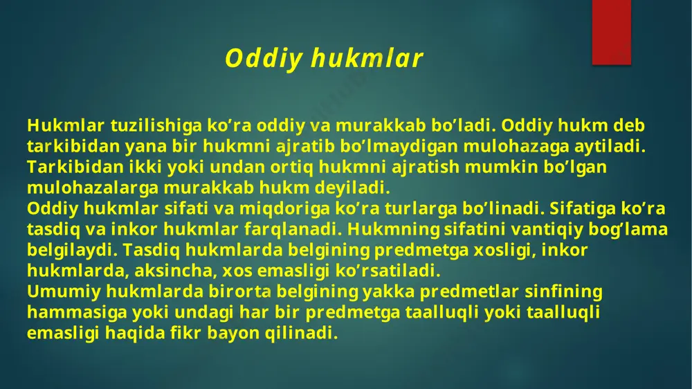 hukmni (mulohazani) ifoda etmaydi. «saidov o’zbekiston respublikasi fuqarosi sifatida mehnat qilish huquqiga ega», degan fikr esa norma (me’yoriy qoida) haqidagi hukm (mulohaza) hisoblanadi adabiyotlar: karimov i.a. asarlar to’plami. 1-18 jildlar. t. o’zbekiston. 1996-2011 karimov i.a. yuksak ma’naviyat – yengilmas kuch. –t.: ma’naviyat, 2008. -176. karimov i.a. jahon moliyaviy-iqtisodiy inqirozi, o’zbekiston sharoitida uni bartaraf etishning yo’llari va choralari. – toshkent: o’zbekiston, 2009. karimov i.a. vatanimizning bosqichma-bosqich va barqaror rivojlanishini ta’minlash - bizning oliy maqsadimiz. t.17. –toshkent: o’zbekiston, 2009. image6.png image2.png image3.png image4.png image5.png /docprops/thumbnail.jpeg