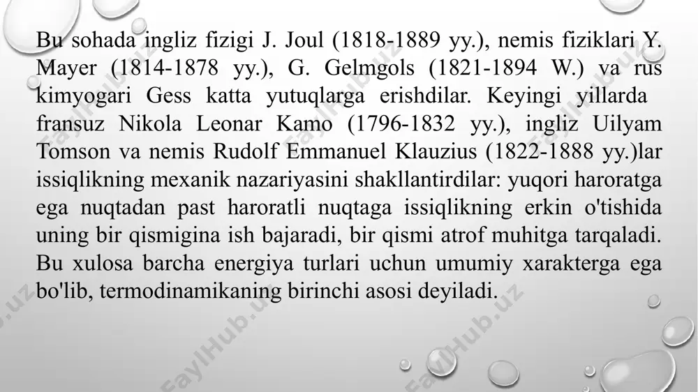 oitida yoki harorat keskin pasayganda kuzatiladi. 1845-yilda m. faradey bir qator gazlarni, jumladan, xlor va sülfit angidridini ham suyuq holda oldi. yuqori bosim sekinlik bilan normal holatgacha pasaytirilganda suyuqlantirilgan gaz tezda bug'lanadi va katta miqdordagi issiqlikni yutadi, natijada qolgan suyuq gazning harorati keskin pasayadi. bu sharoitda karbonat angidridi suyuqlanmasdan, quruq muzga aylanadi. m. faradey qattiq holdagi co2 bilan etimi aralashtirish natijasida sistema haroratini -780c gacha pasaytirdi. ammo kislorod, azot, vodorod, is gazi va metan kabi gazlar yuqori bosim ostida ham suyuqlikka aylanmadi va ularni doimiy gazlar deb atash qabul qilindi image3.png image4.png image5.png image6.png image7.png image8.png image9.png image10.png image11.jpeg image1.png