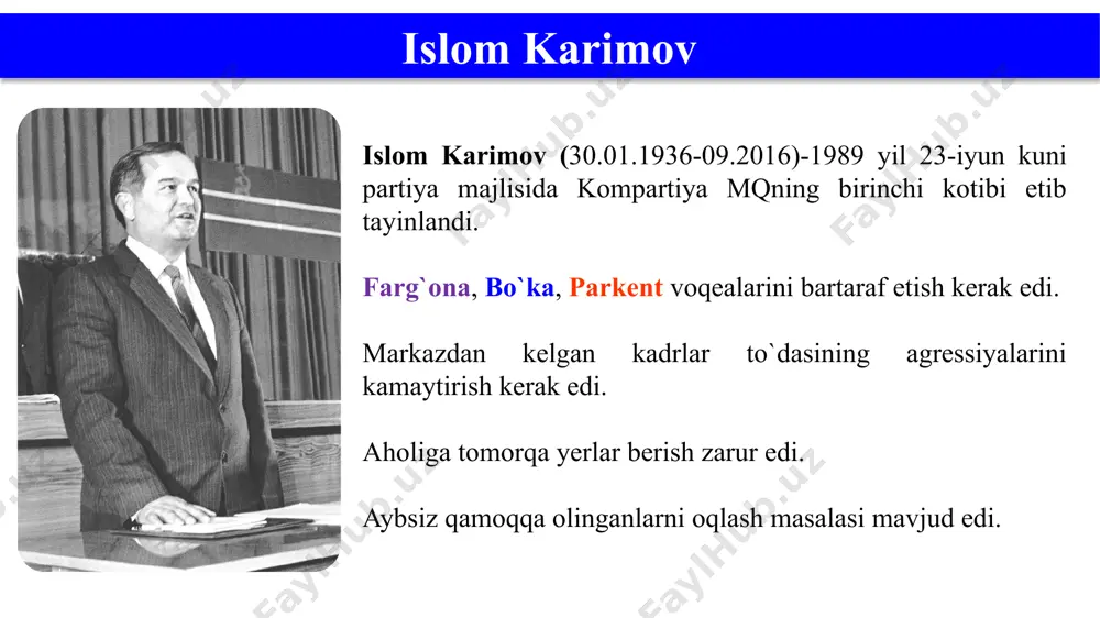 nuniy ravishda o`zbekiston tasarrufiga olindi. o`zbekiston respublikasi oliy kengashi 1991-yil 26 avgust kuni o`zbekistonning davlat mustaqilligi to`g`risida qonun loyihasini tayyorlash hamda 31 avgustda oliy kengash sessiyasini chaqirishga qaror qildi. mustaqillik qonuni mustaqillikni e’lon qilinishi o`zbekiston oliy kengashining xii chaqiriq navbatdan tashqari vi sessiyasi 1991-yil 31 avgustda o`z ishini boshladi. 1 sentyabr o`zbekiston respublikasining mustaqillik kuni deb belgilansin va 1991-yildan boshlab bu kun bayram va dam olish kuni deb e'lon qilinsin, deb qat'iy belgilab qo`yildi. mustaqillik yillari image1.png image2.jpeg image3.jpeg image4.jpeg image5.png image6.jpeg image7.jpeg image8.jpeg image9.jpeg image10.jpeg image11.jpeg image12.jpeg image13.jpeg image14.png image15.jpeg /docprops/thumbnail.jpeg